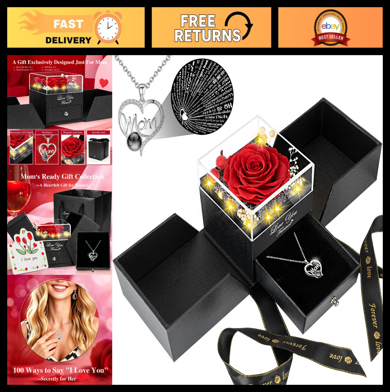 Unique Mother’s Day Gift – Preserved Red Roses & “I Love You” Necklace, Perfect