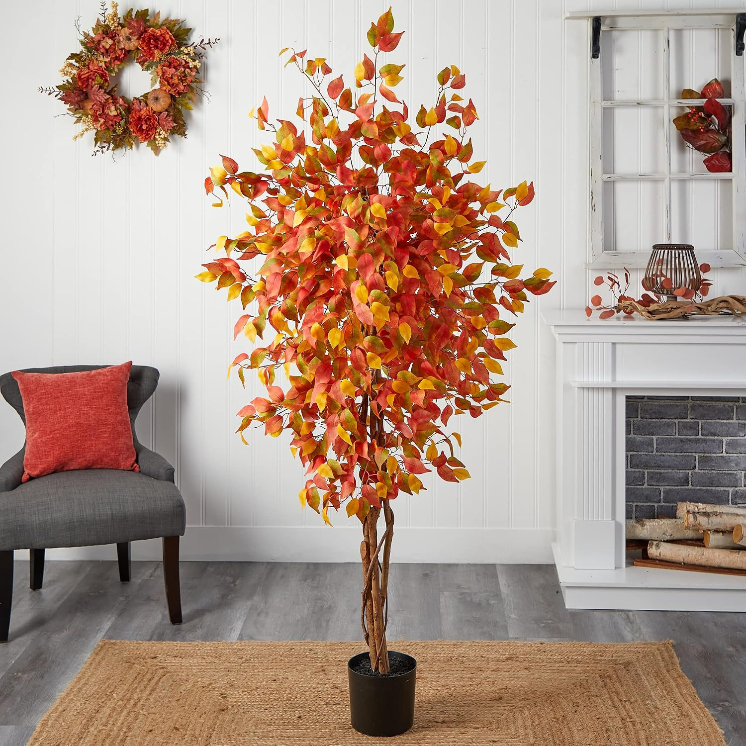 6 Ft Artificial Autumn Ficus Fall Tree with Nursery Pot | Natural Wooden Trunk,