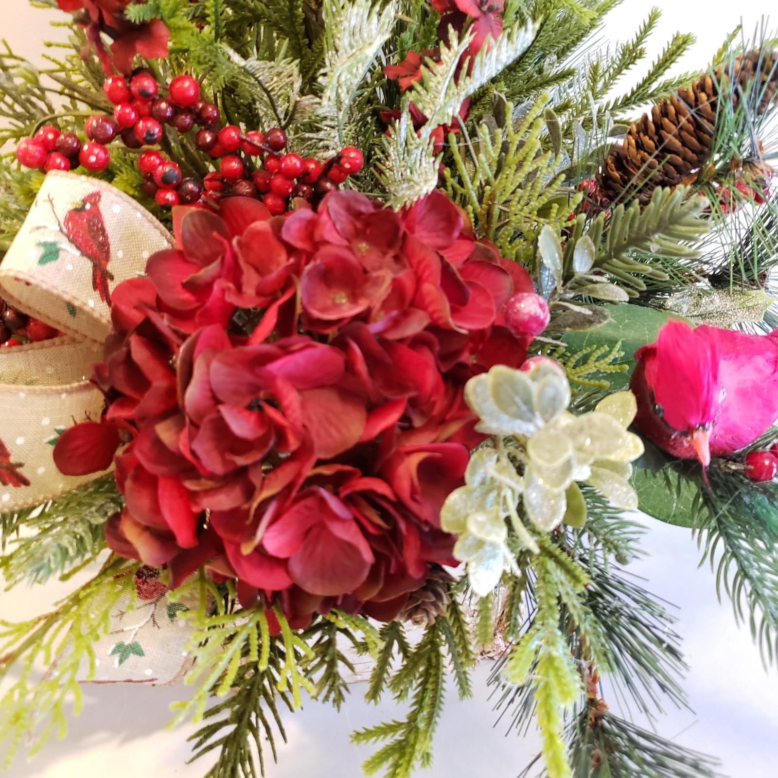 Winter Burgundy Hydrangea Arrangement with Cardinal, Memorial gift