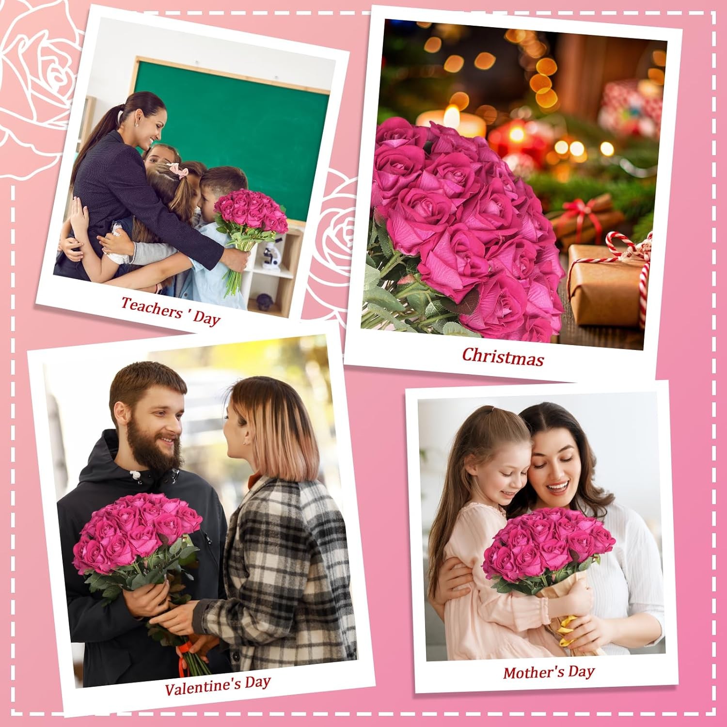 90pcs Fake Hot Pink Roses Artificial Flowers Bulk Realistic Silk Faux Rose with
