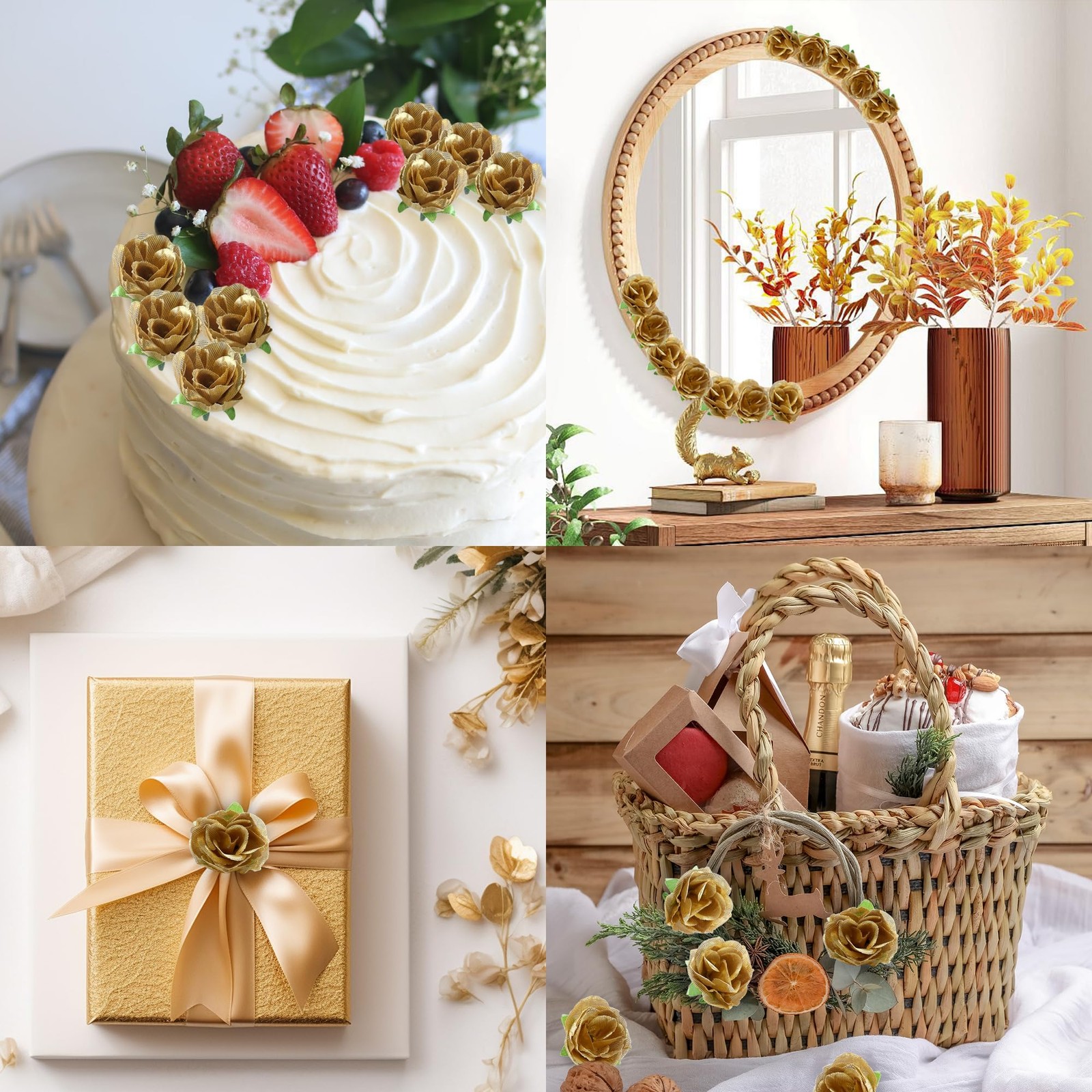100 PCS Mini Golden Rose Head Artificial Flowers DIY Flower Wall 1.3 Inch