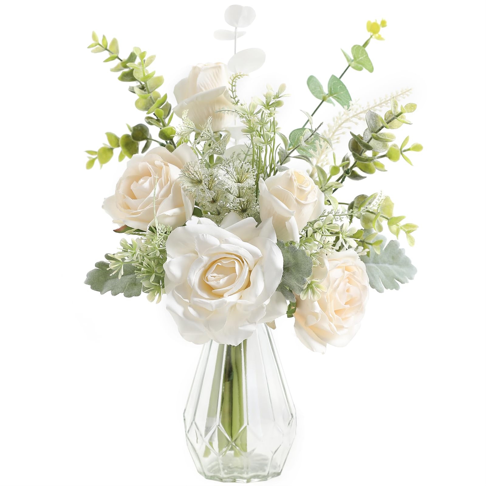 White Silk Roses Eucalyptus In Vase Artificial Flower Arrangement Home Decor