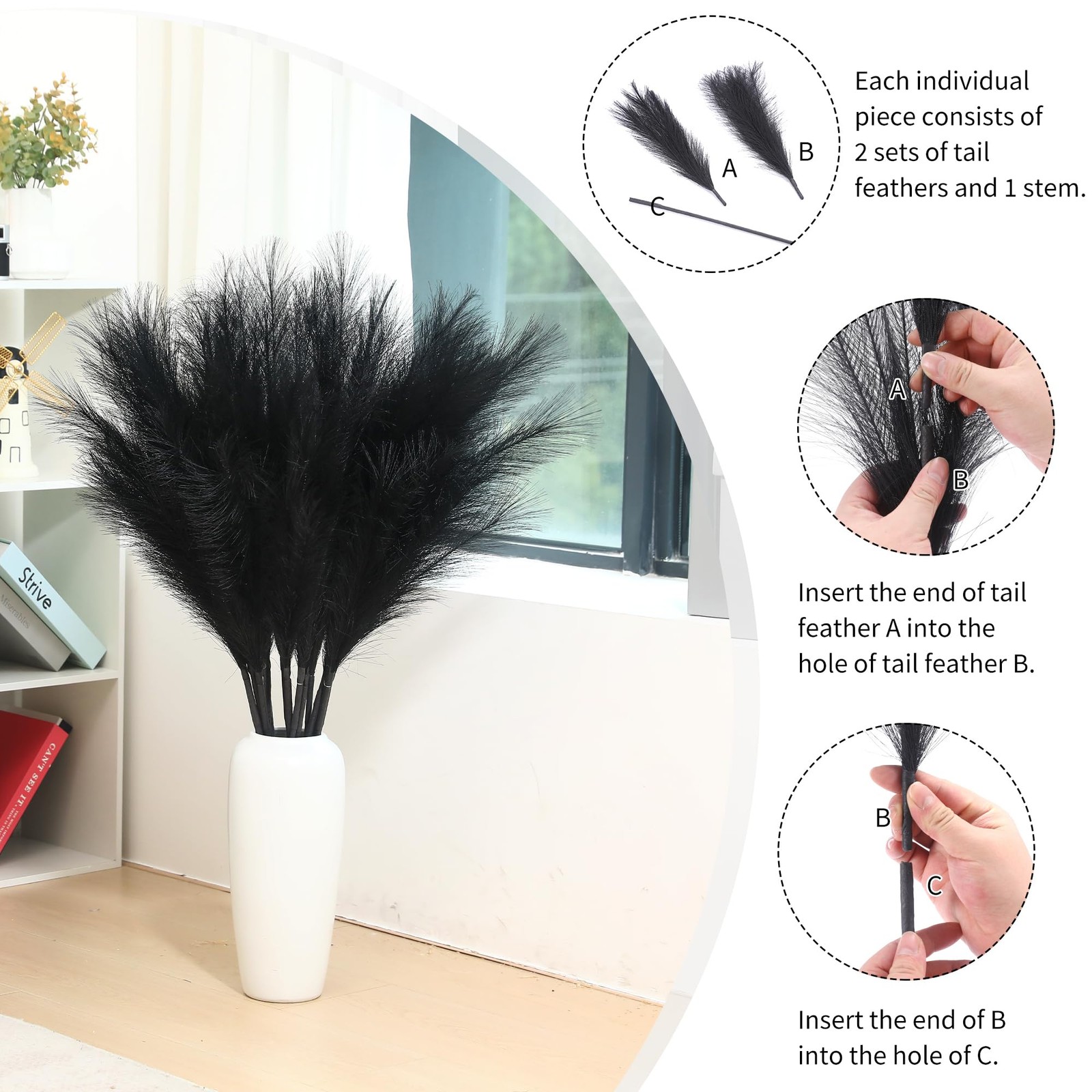 9 Stems Black Pampas Grass – 38 Inch Tall Faux Pompous Grass Decor, Long Arti…