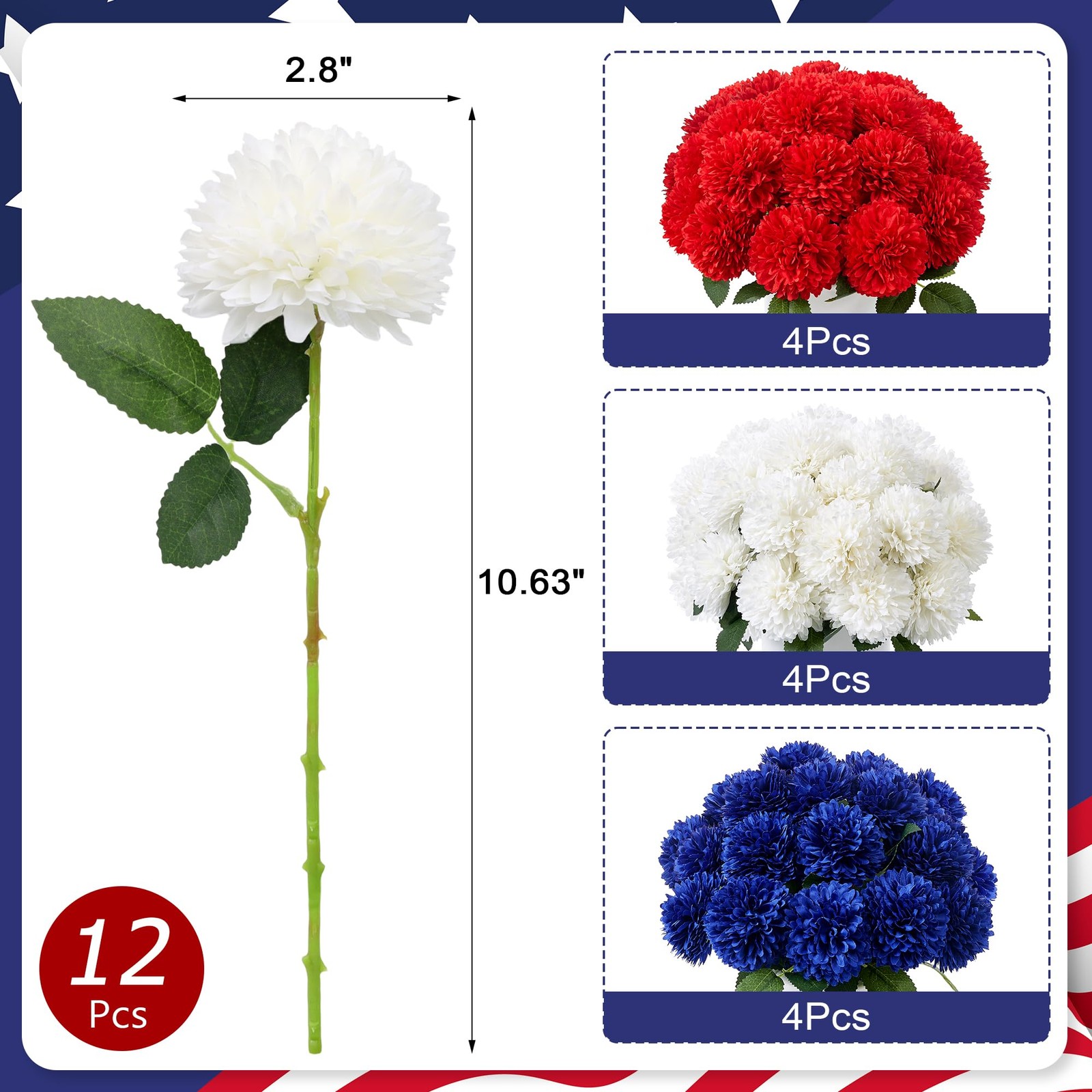 12 PCS Artificial Patriotic Chrysanthemums Red White Blue Silk Flowers