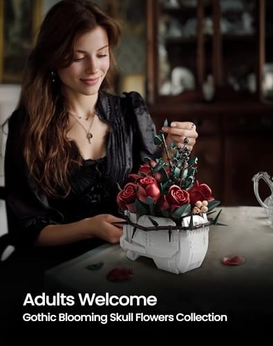 Skull Roses Flower Bouquet Building Set – Gothic Home Decor Kit for Adults, Perf