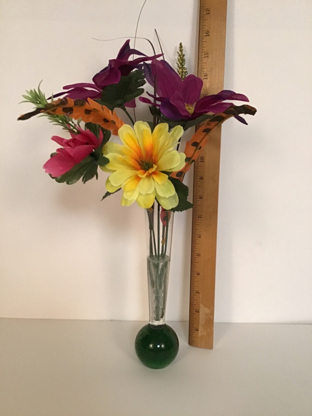 Vintage Green Solid Ball Vase Purple Yellow Flower Arrangement in Faux Water