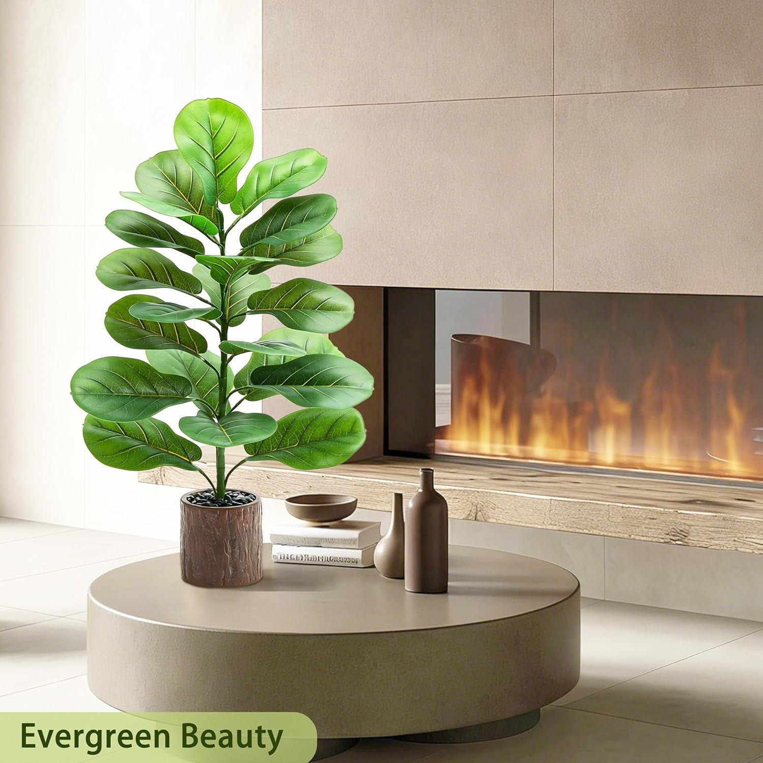 2 Pack 30″ Faux Fiddle Leaf Fig Trees with Wood-Grain Pots for Home Decor