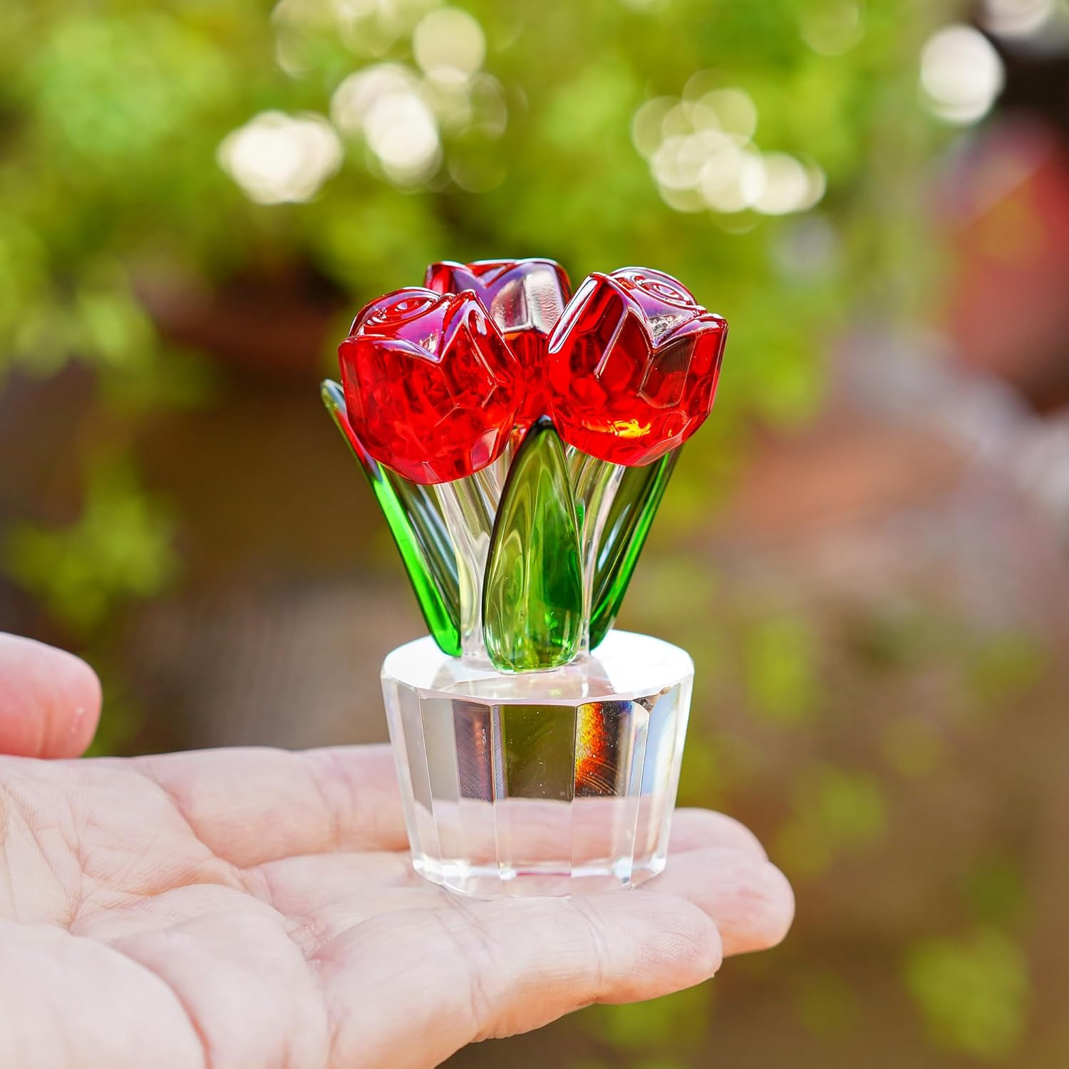 3.2 * 2In Handmade Crystal Red Rose Bouquet Figurine Romantic Rose Flower Gifts