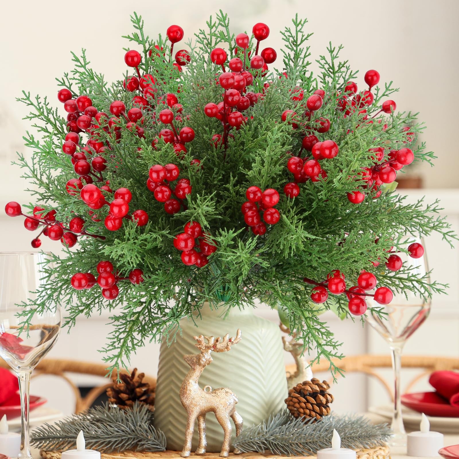 4 Bundles 140 Pcs Artificial Christmas Flowers with Red Berry Stems, Fake Nor…