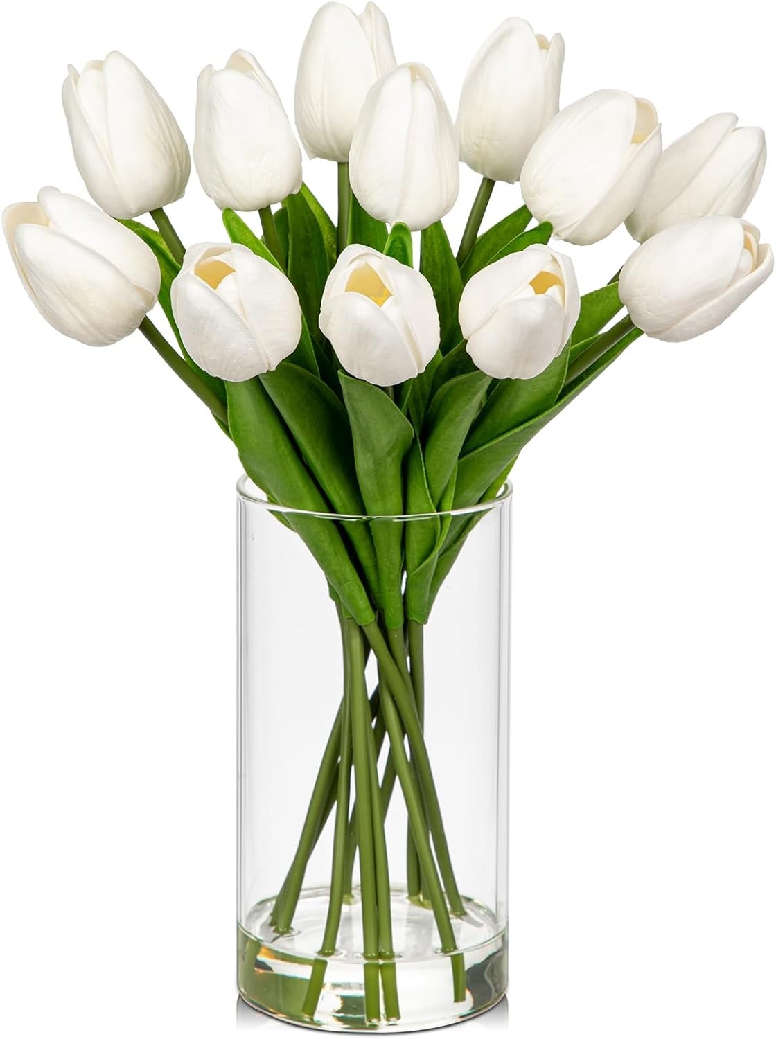 12 Pcs Artificial Real Touch Tulips Flowers in Glass Vase with Faux Water, Tulip