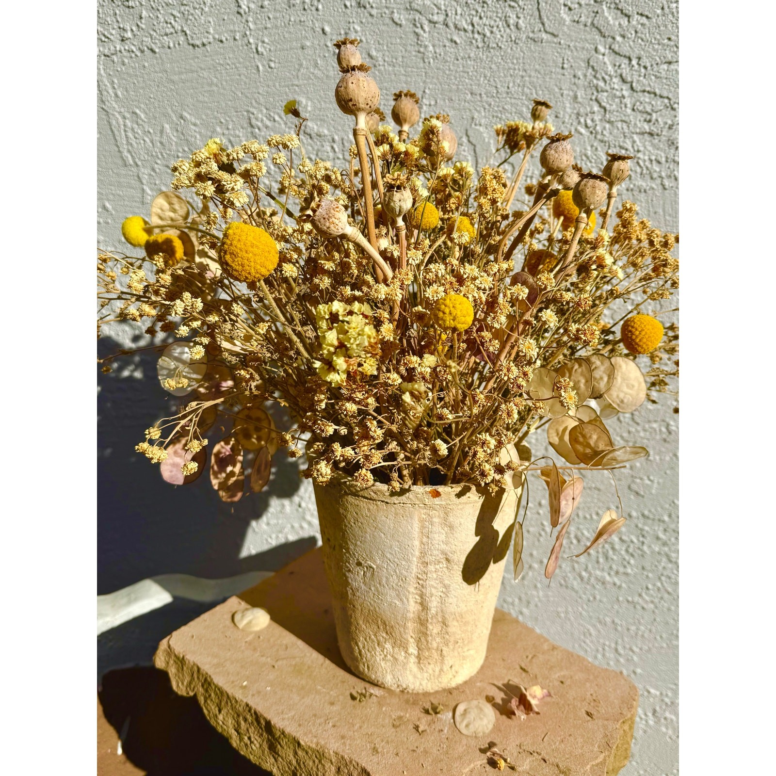 Dried Seed Pod Bouquet 16” Yellow Billy Buttons Boho Wedding Centerpiece Natural
