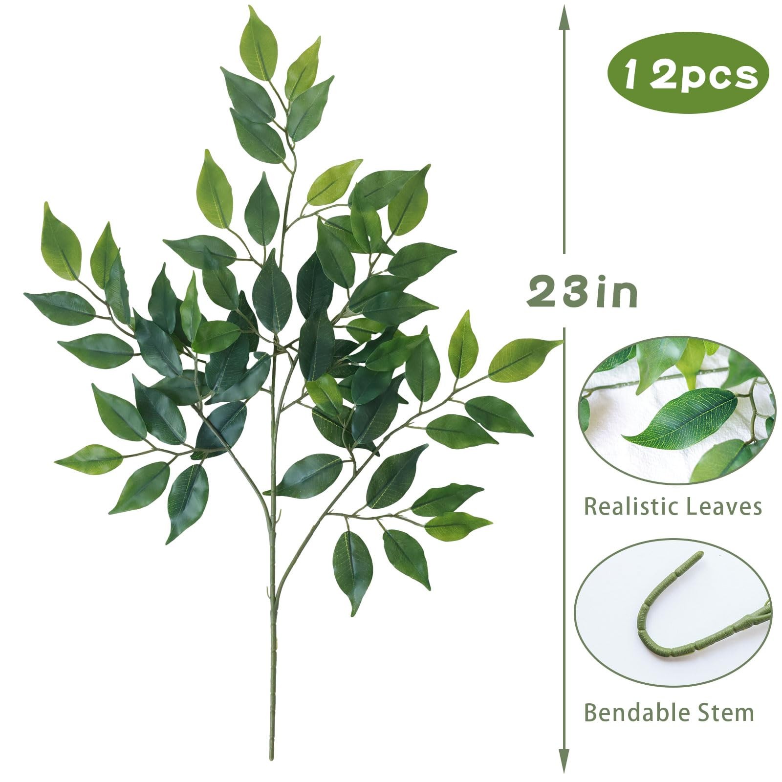 12pcs Artificial Greenery Stems Silk Green Leaves Fake 23in Ficus Garland Spr…