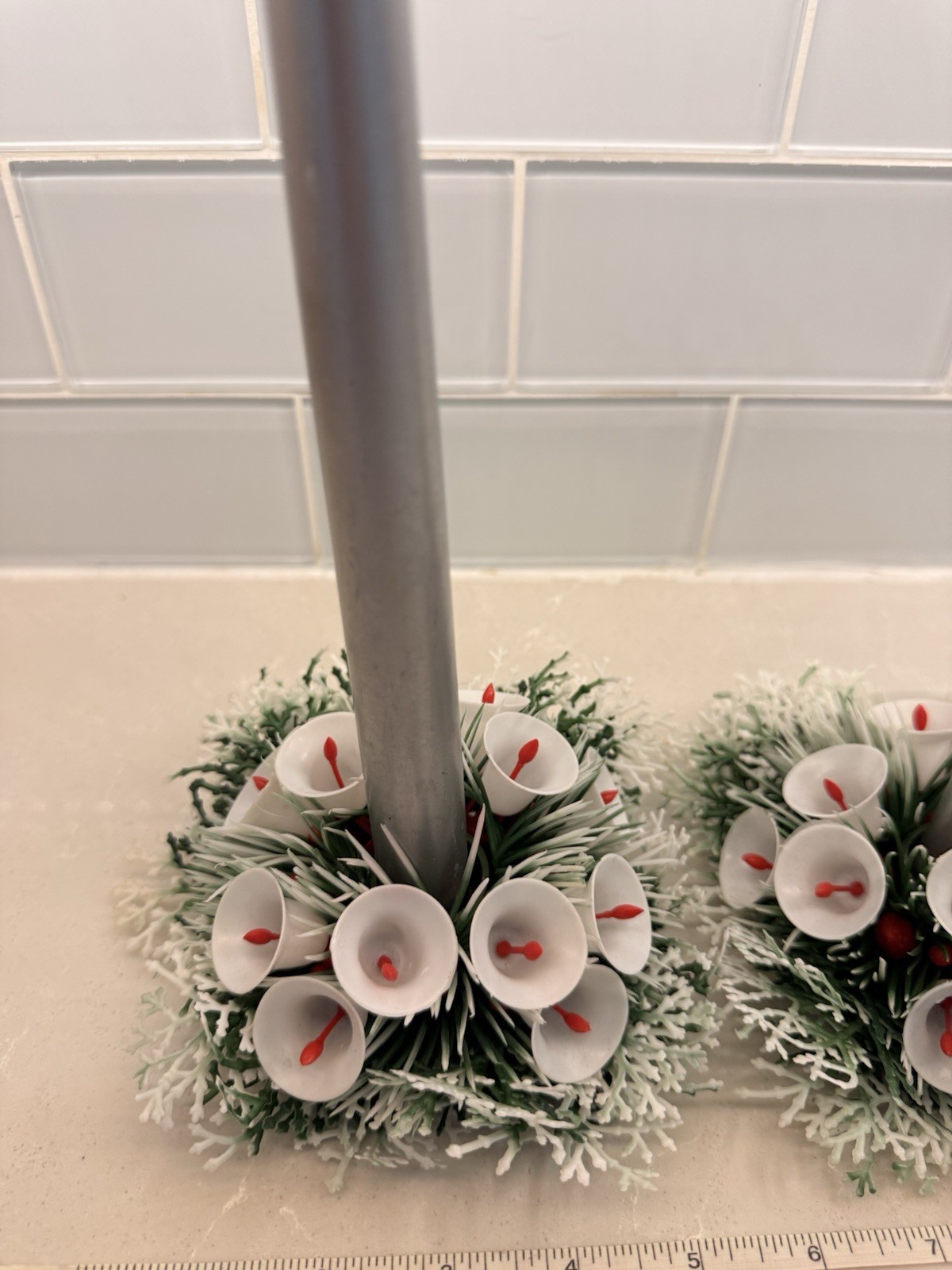 2- Vintage MCM Plastic Christmas Winter Greenery White Bells Floral 4.5 Round