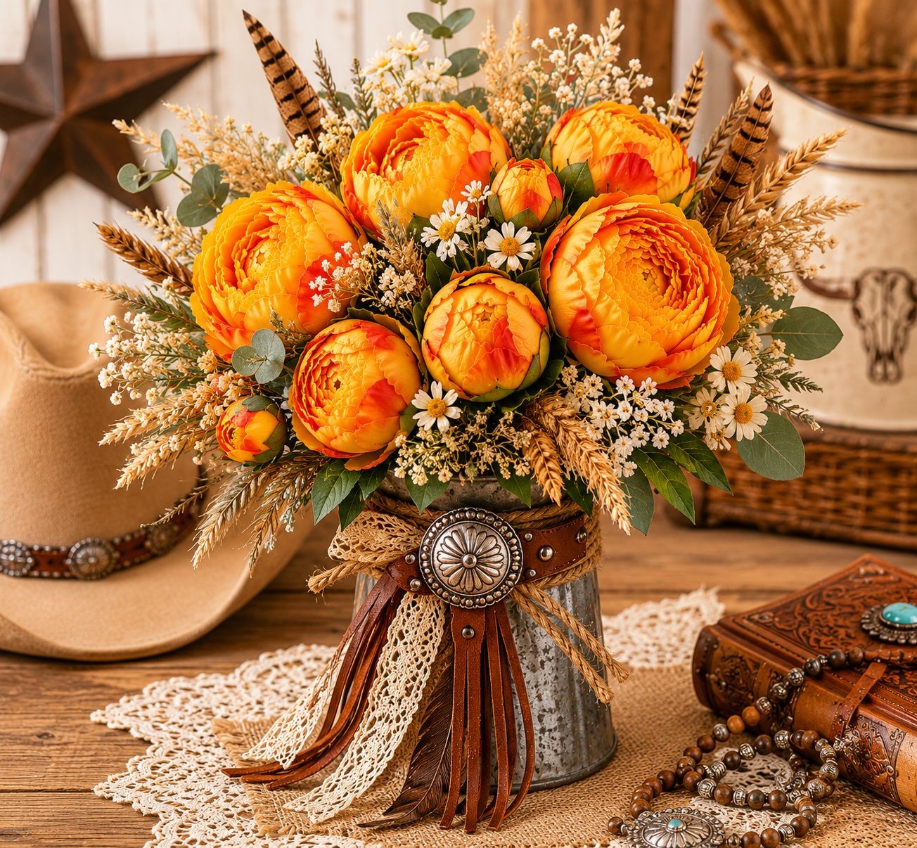 Golden Peony Bouquet Faux Flowers Autumn Decor Rustic Farmhouse Western Floral A