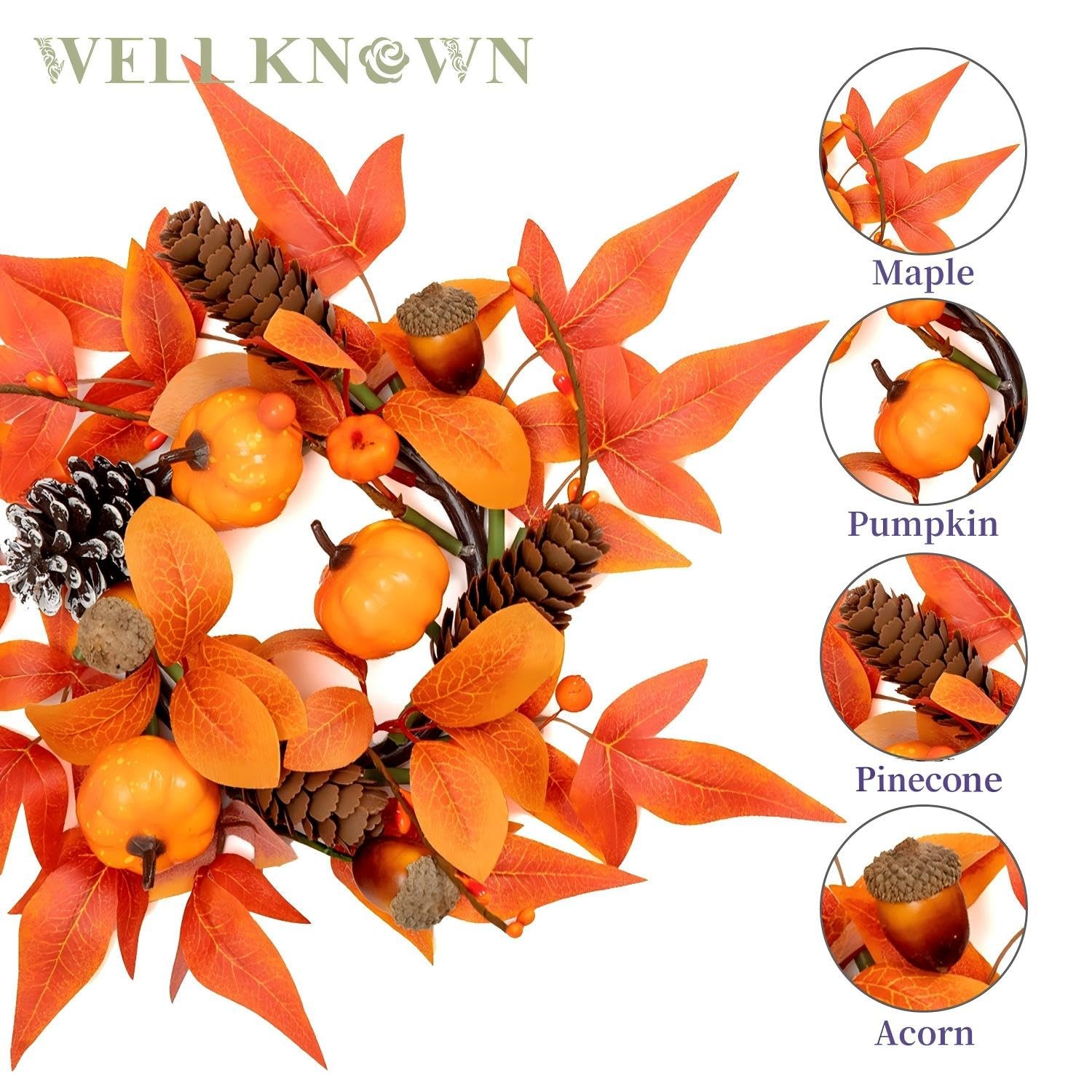 2 Pcs Mini Fall Orange Pumpkin & Maple Candle Rings Wreath for Pillars Home T…