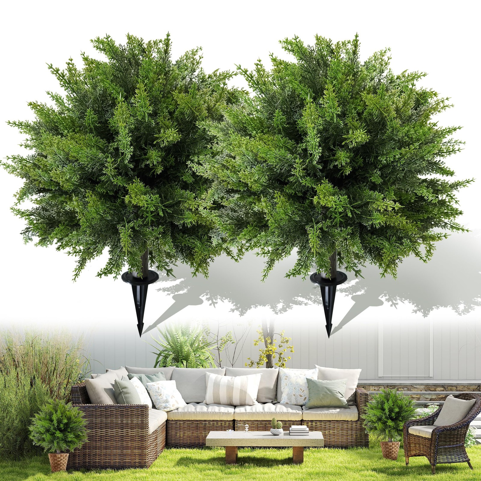 Artificial Cedar Topiary Ball Tree with Ground Spike: 23 Inch 2 Pack UV Resis…
