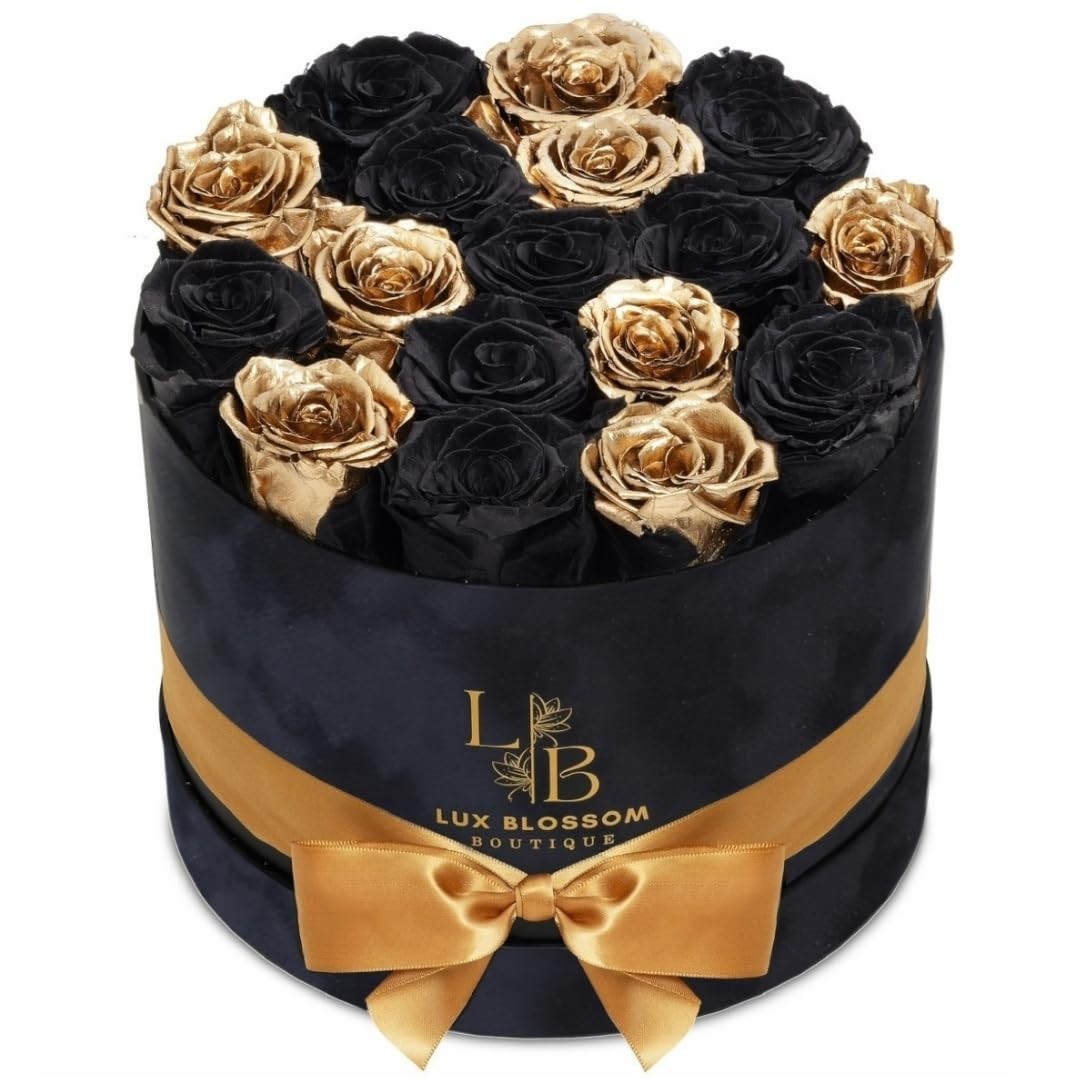 17 Black & Gold Forever Roses in Velvet Box – Luxury Preserved Graduation Gifts,