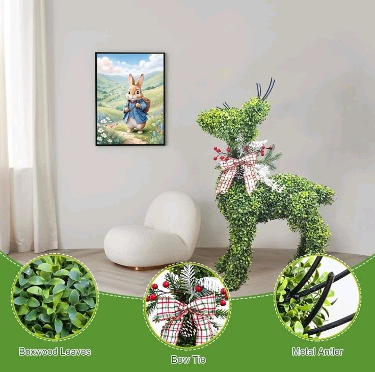 Artificial Deer Topiary 33 Inch UV Resistant Faux Boxwood
