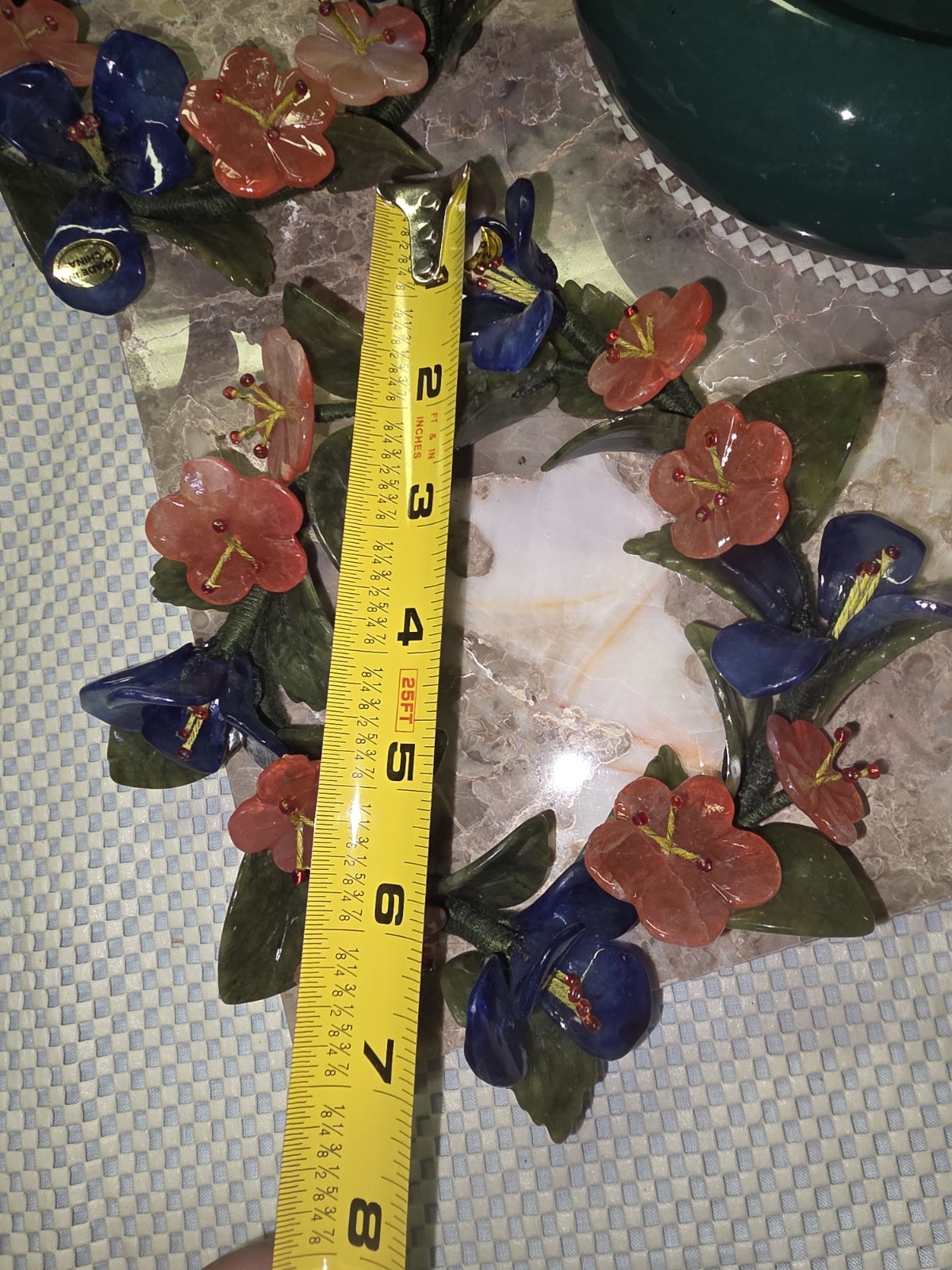 Ceramic Floral Artificial Candle Ring Wreath w/ Blue Pink Flowers Green Leaves