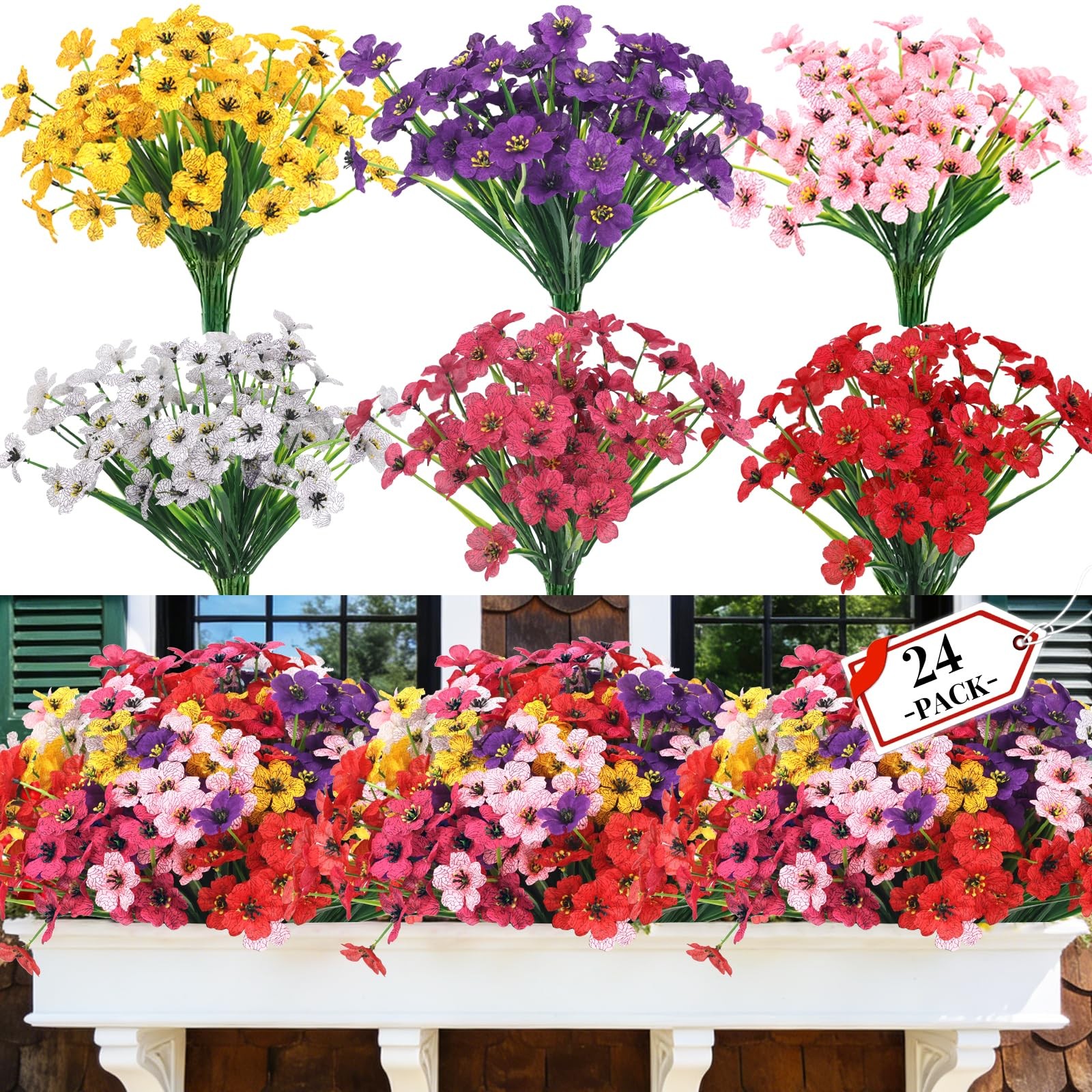 24 Bundles Artificial Flowers for Outdoors No Fade Fake Flowers Faux Plants f…