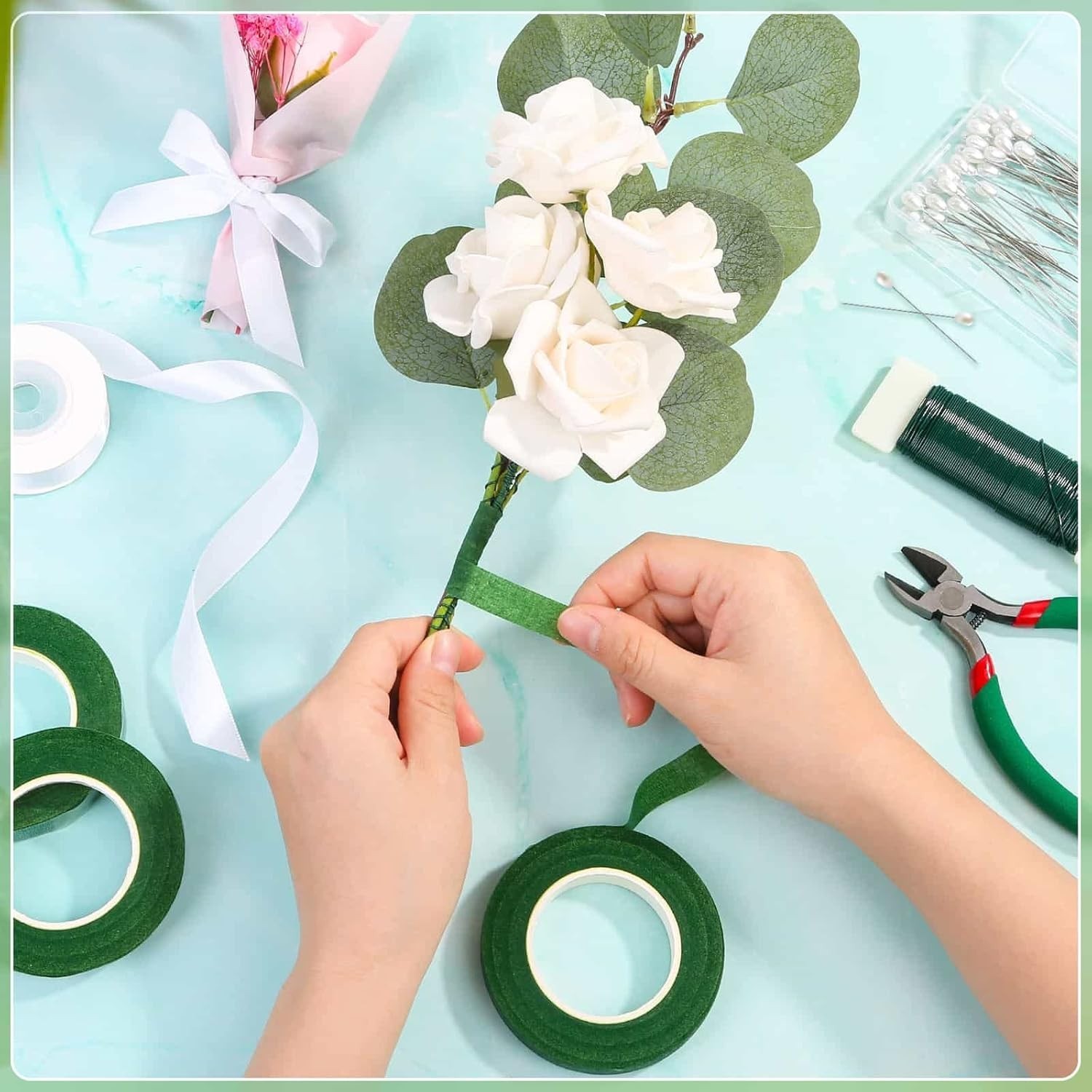 Floral Arrangement Kit with Green Wire Floral Tapes White Ribbon and Pins for…
