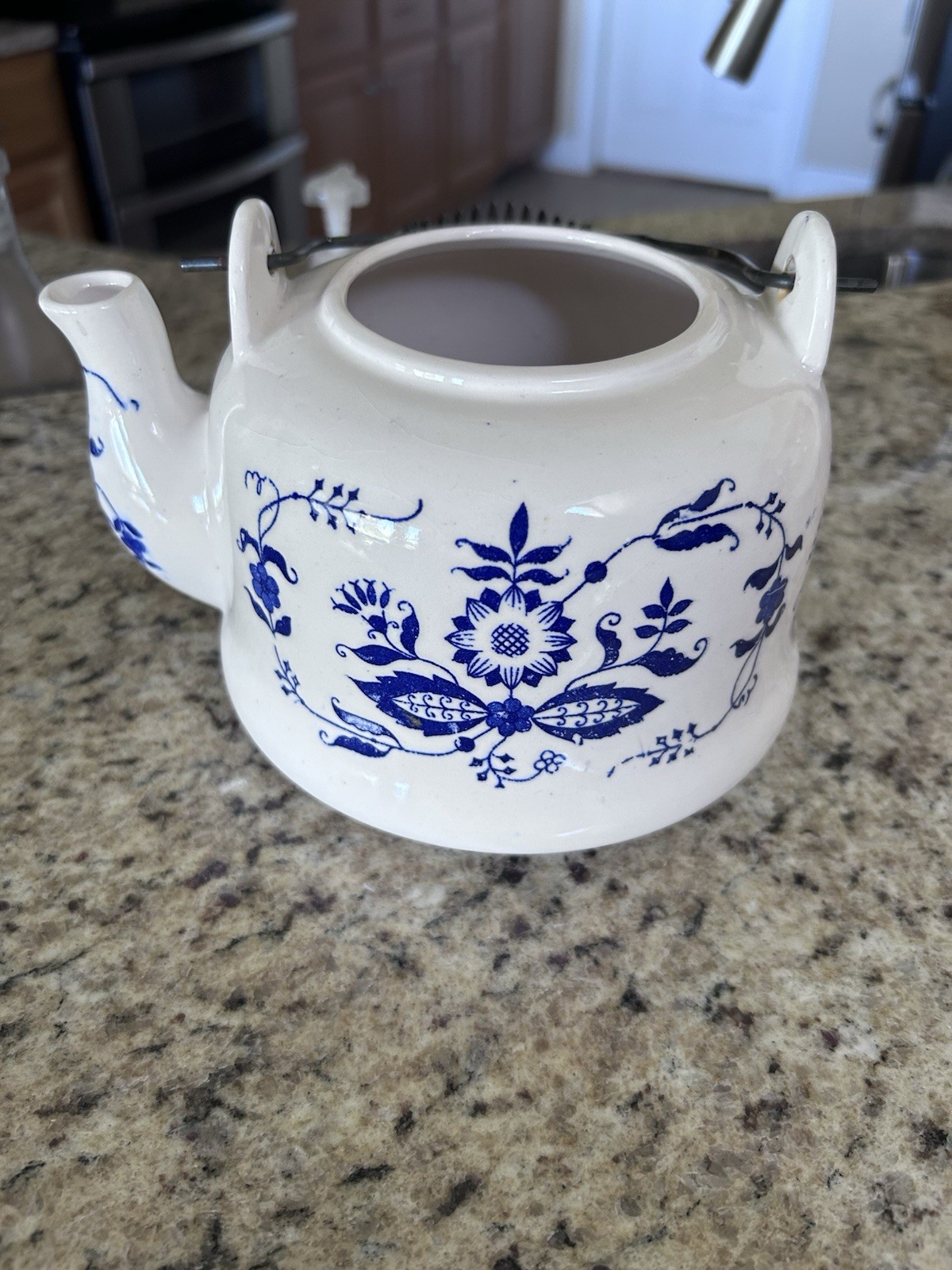 Blue And White Flower Teapot Metal Handle No Lid, Has Been Used As A Planter