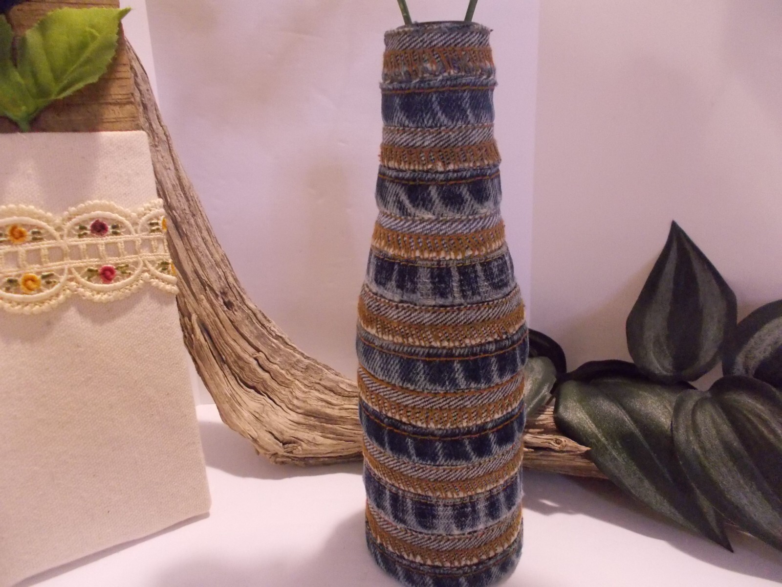 Denim Jeans Seams Bottle Vase Farmhouse Wall Pocket Denim Decor Boho Cottage