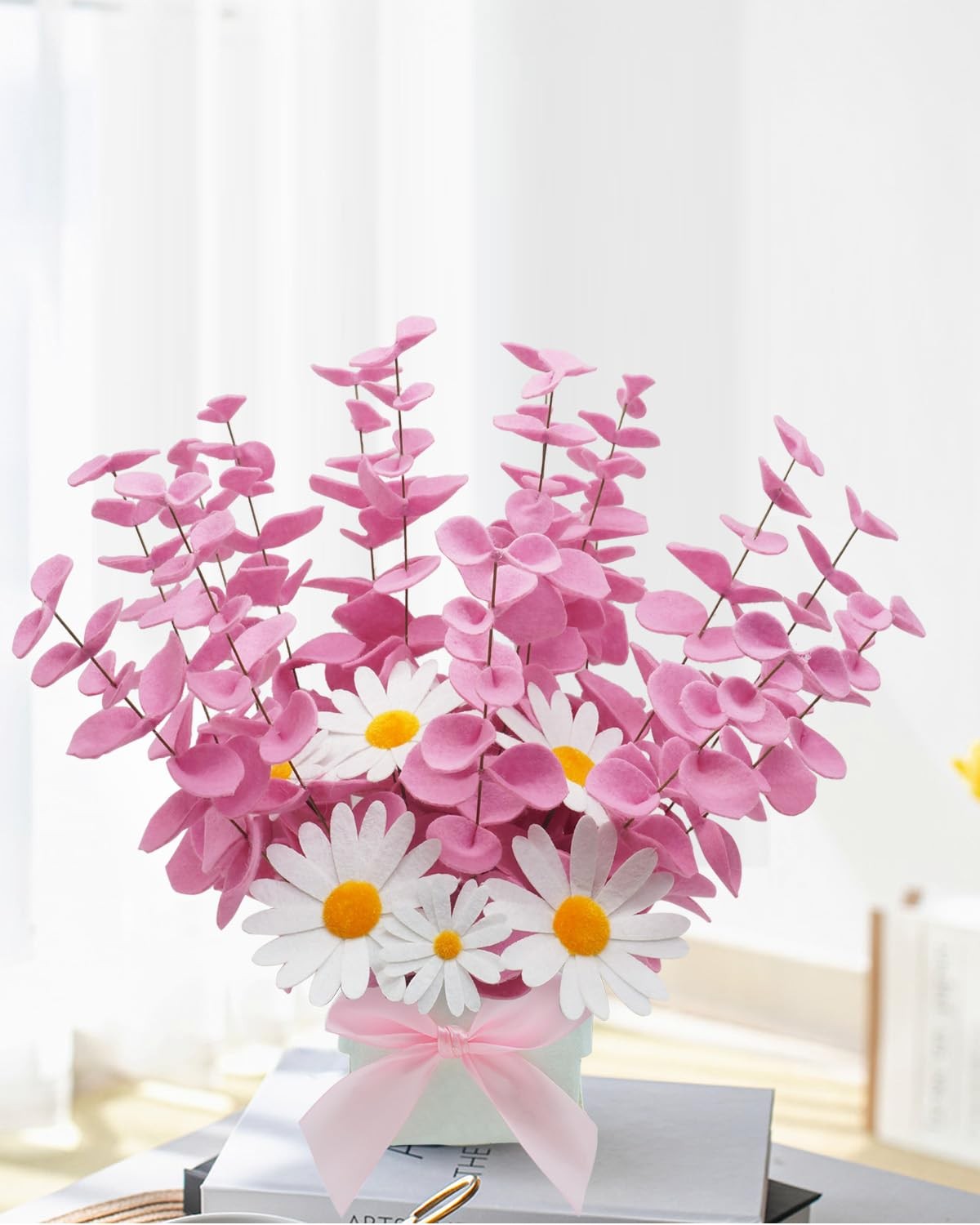 BAZIMA Felt Eucalyptus Daisy Bouquet,Felt Flowers,Multi-Color Felt Leaves,DIY…