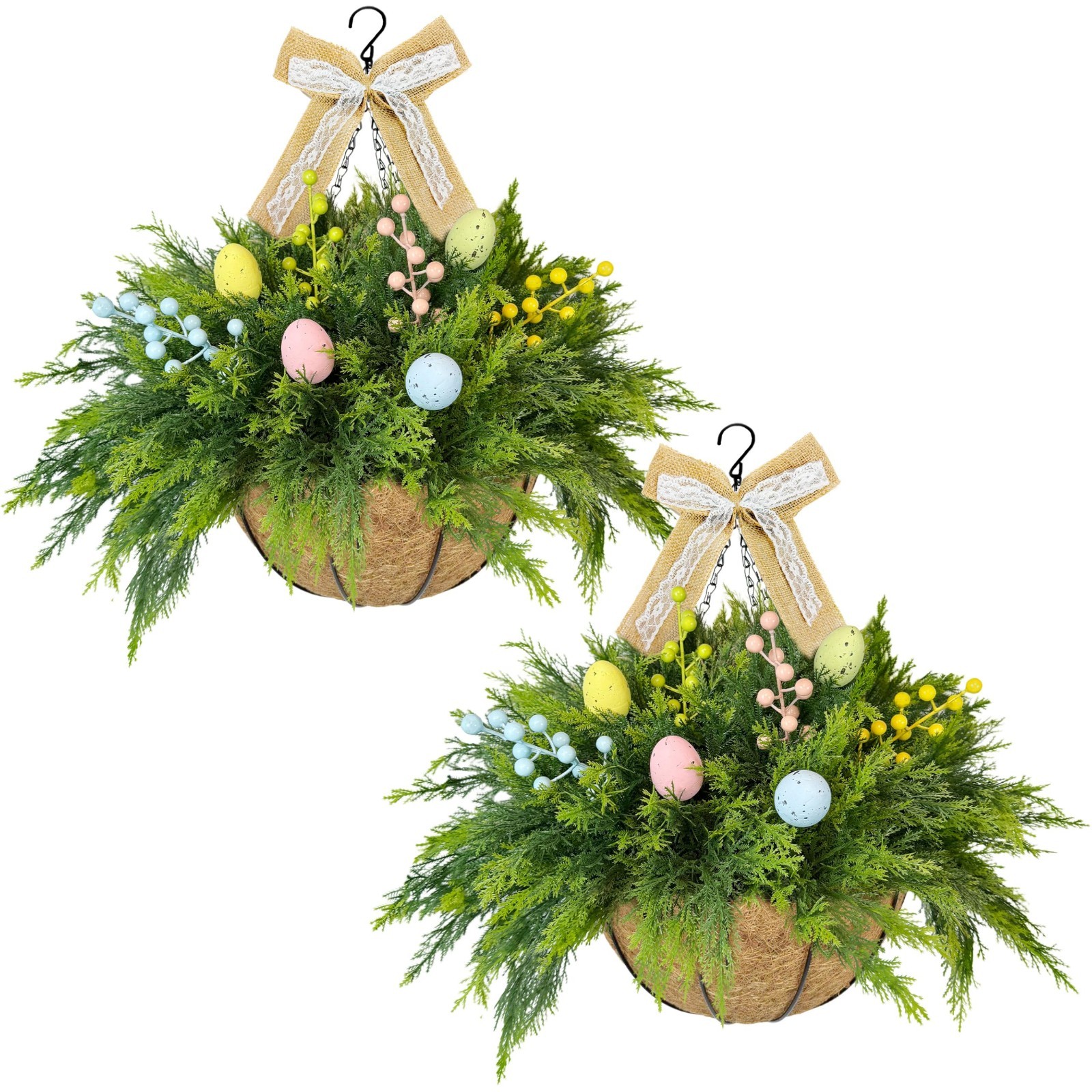 Set of 2 Easter Hanging Flower Baskets, Faux Plant with Cypress Leaves & Eggs fo