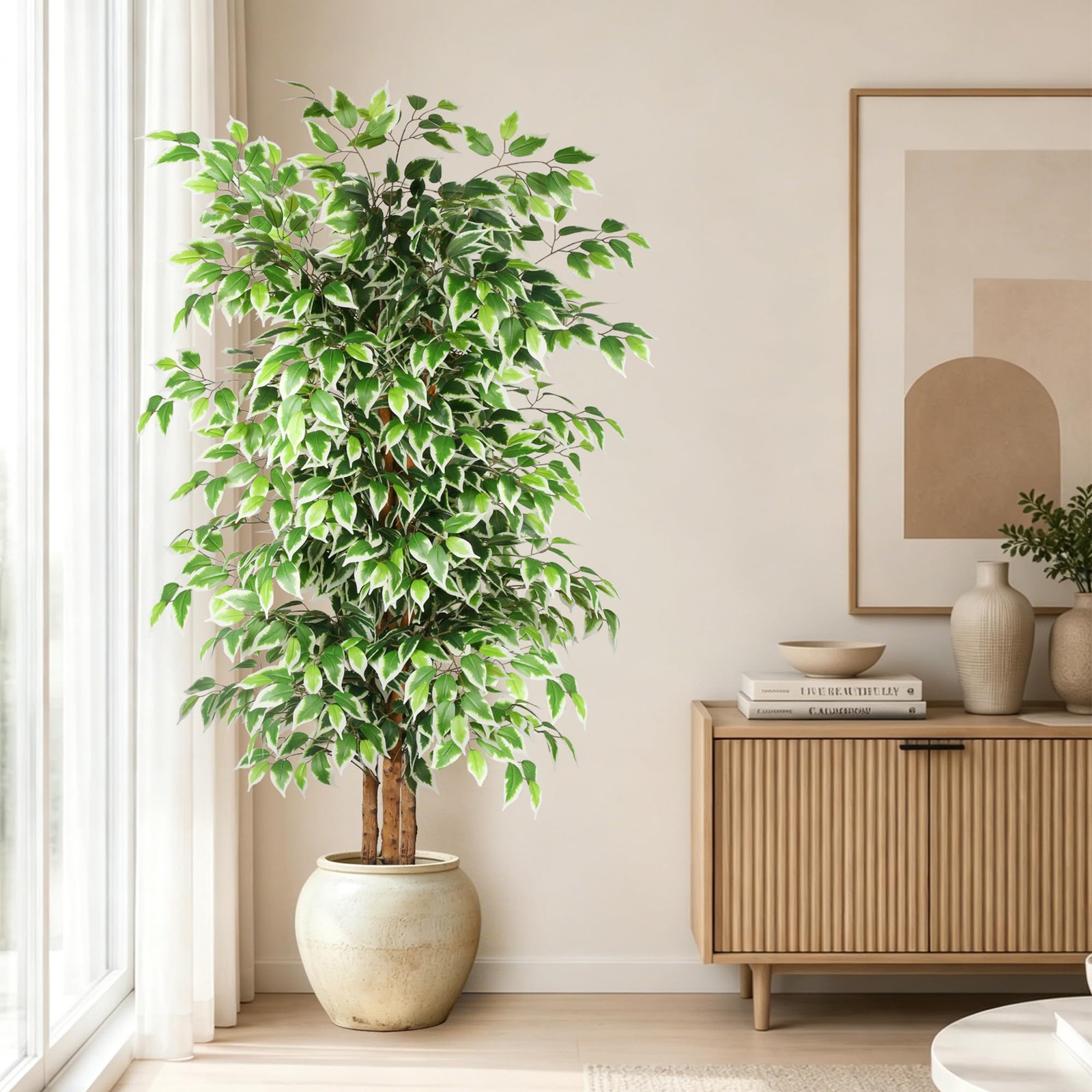 6ft Ficus Artificial Tree, Tall Faux Trees Indoor with Natural Trunk and Fake…