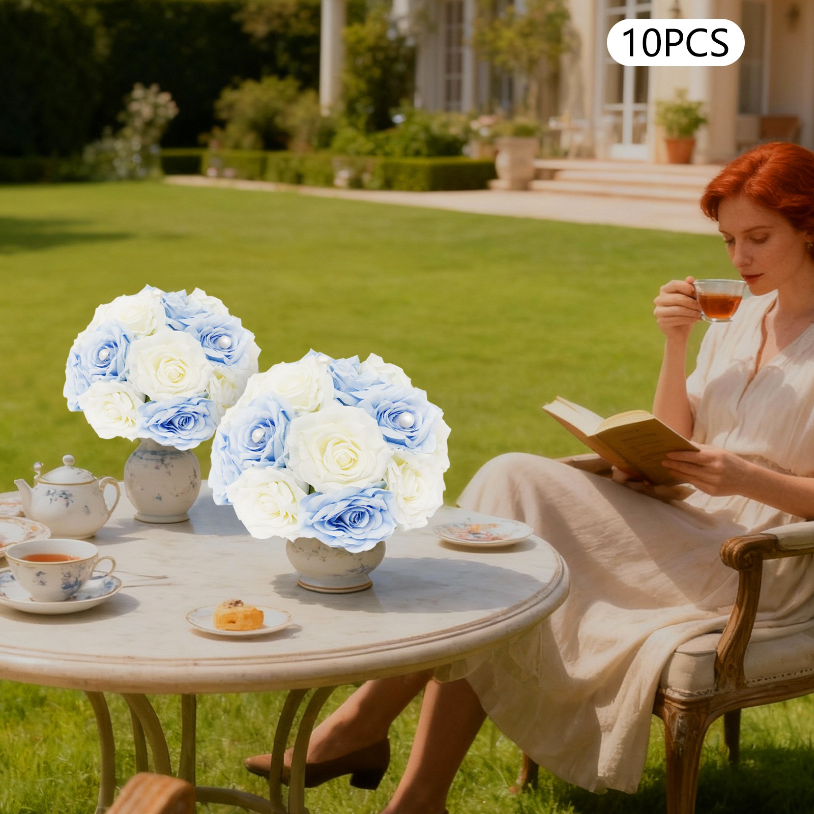 10 Pcs Handmade Bouquet Party Wedding Artificial Flower Balls Deco, White+Blue