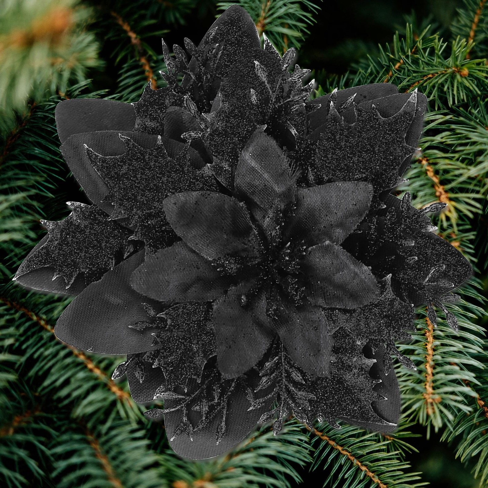 24 PCS 5.5 Inch Black Glitter Artificial Poinsettia Christmas Tree Ornaments
