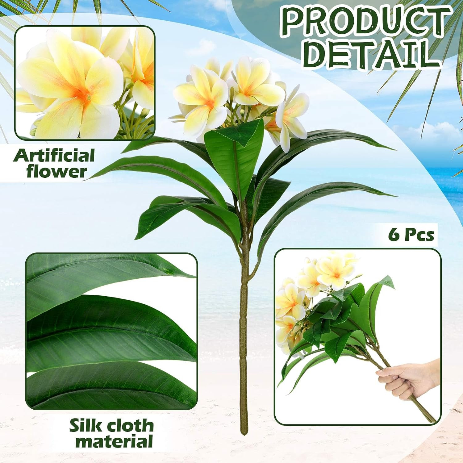 6 Pcs 17.3″ Yellow Artificial Plumeria Flowers for Home & Wedding Decor