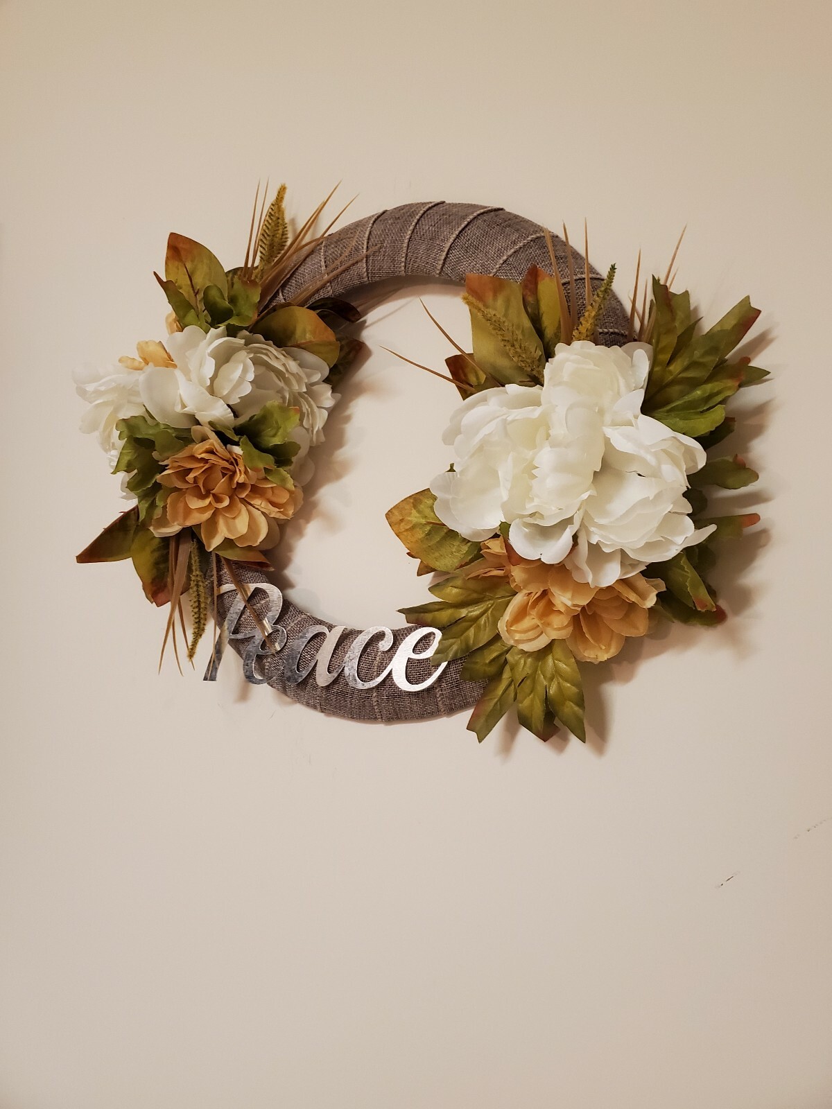 PEACE peony white beige brown green BEAUTIFUL WREATH elegant Decor Front Door 15