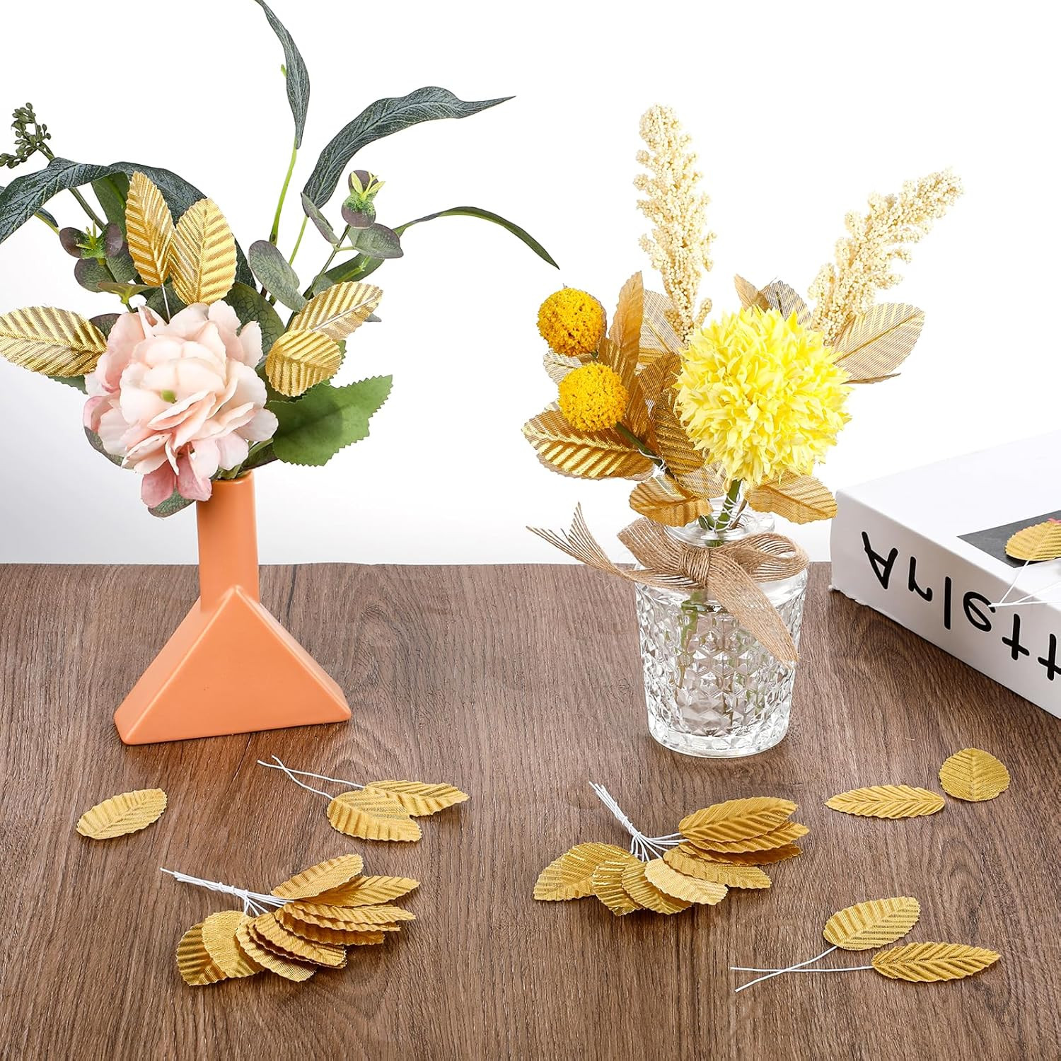 200 Pcs Artificial Leaves with Stems DIY Corsage Single Leaf Crafts Gold Floral