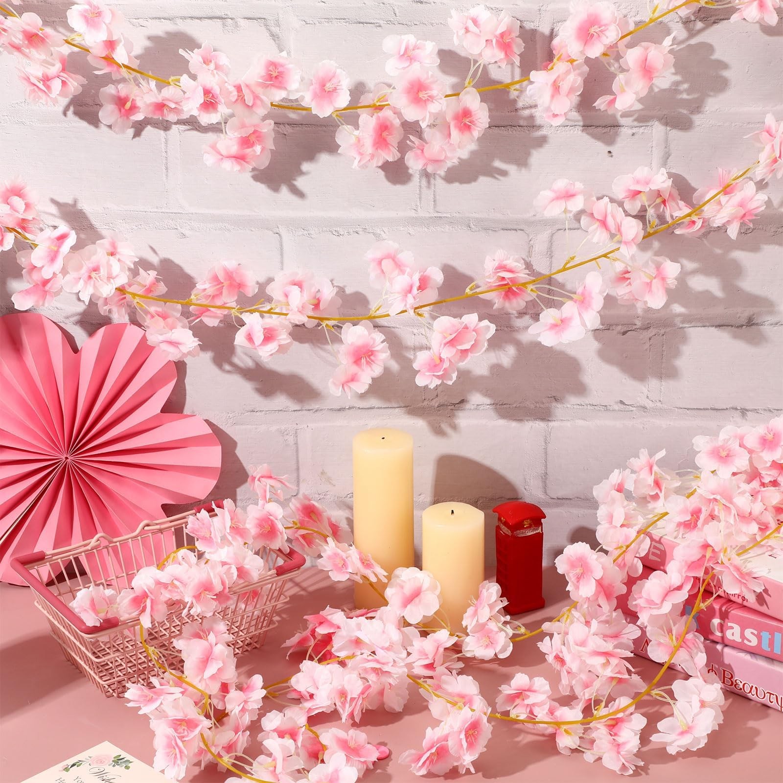 Cherry Blossom Garland, 6 Pack Artificial Cherry Flower Vines Pink Silk Sakur…