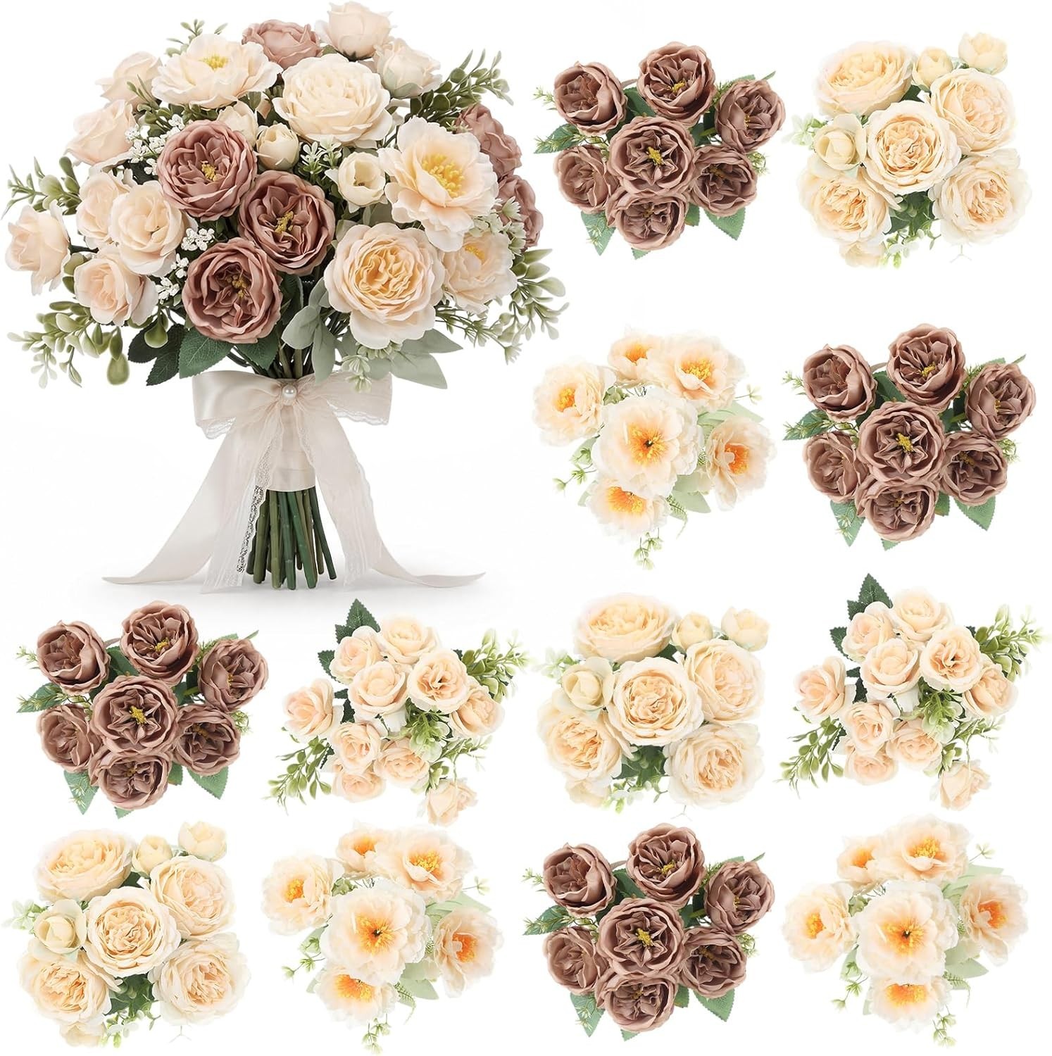 Realistic 12 Bundles Silk Flower Bouquets – Brown Beige for Table Centerpieces