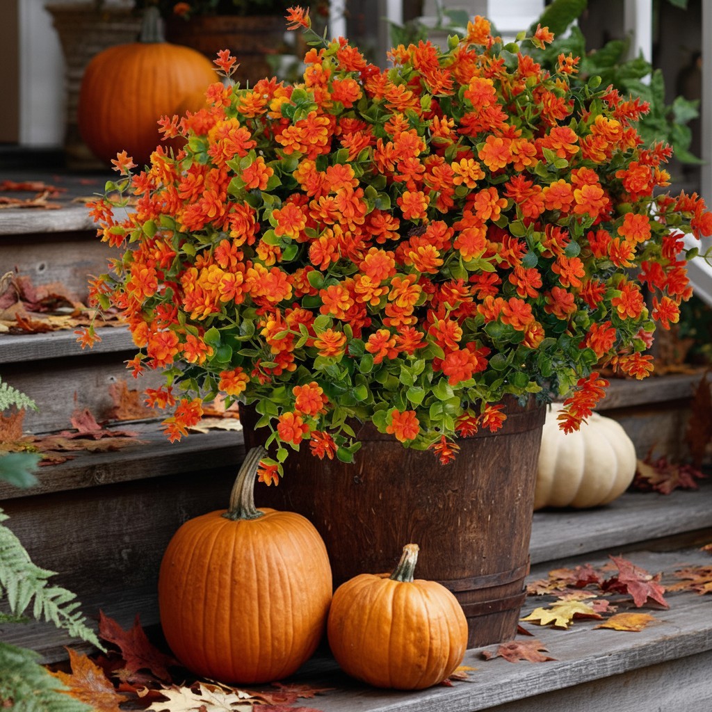 Lifelike Red-Orange Silk Fall Mums – Perfect for Outdoor Autumn Decor, 12 Count