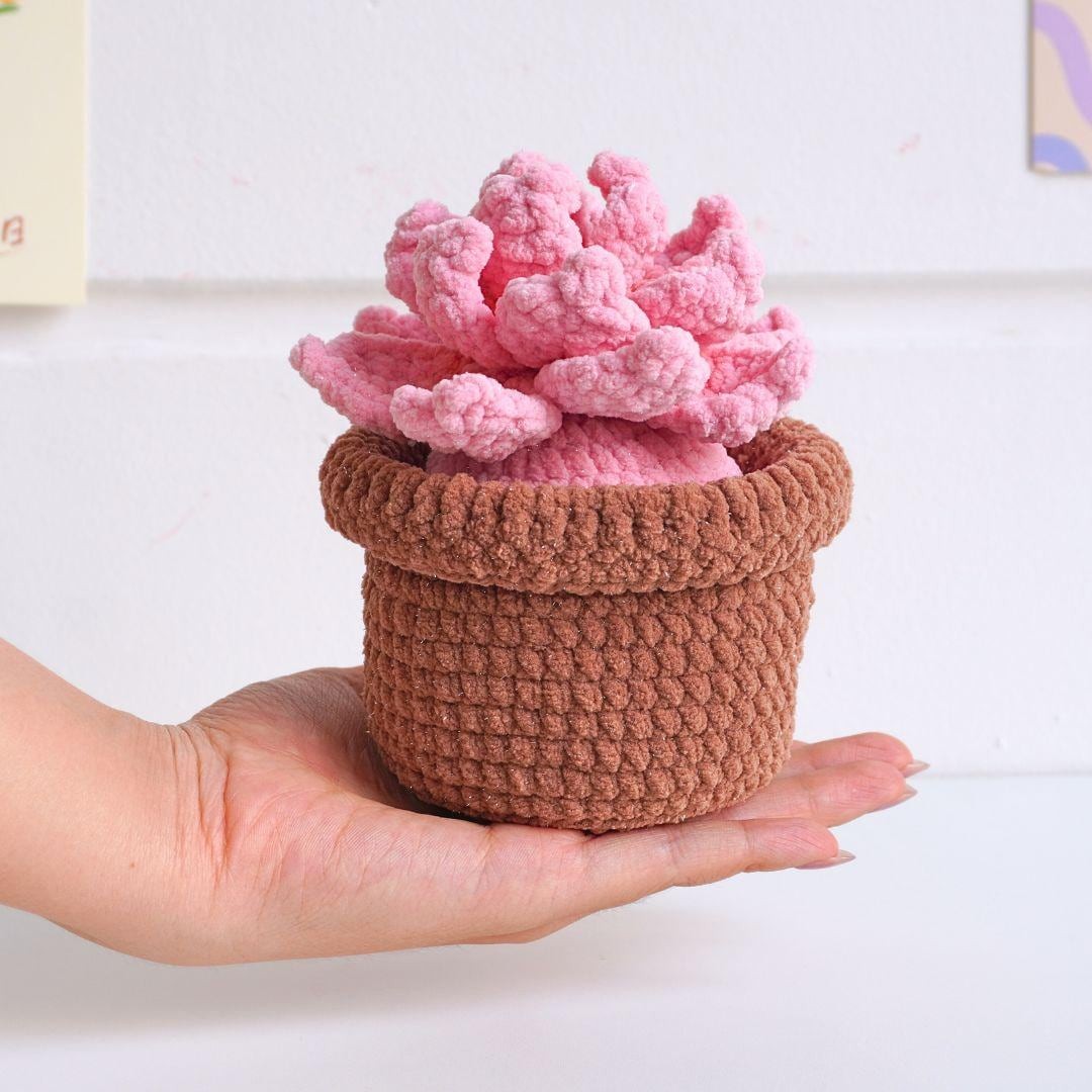 Handmade Crochet Pink Echeveria Succulent Pot Cute Crochet Desk Decor