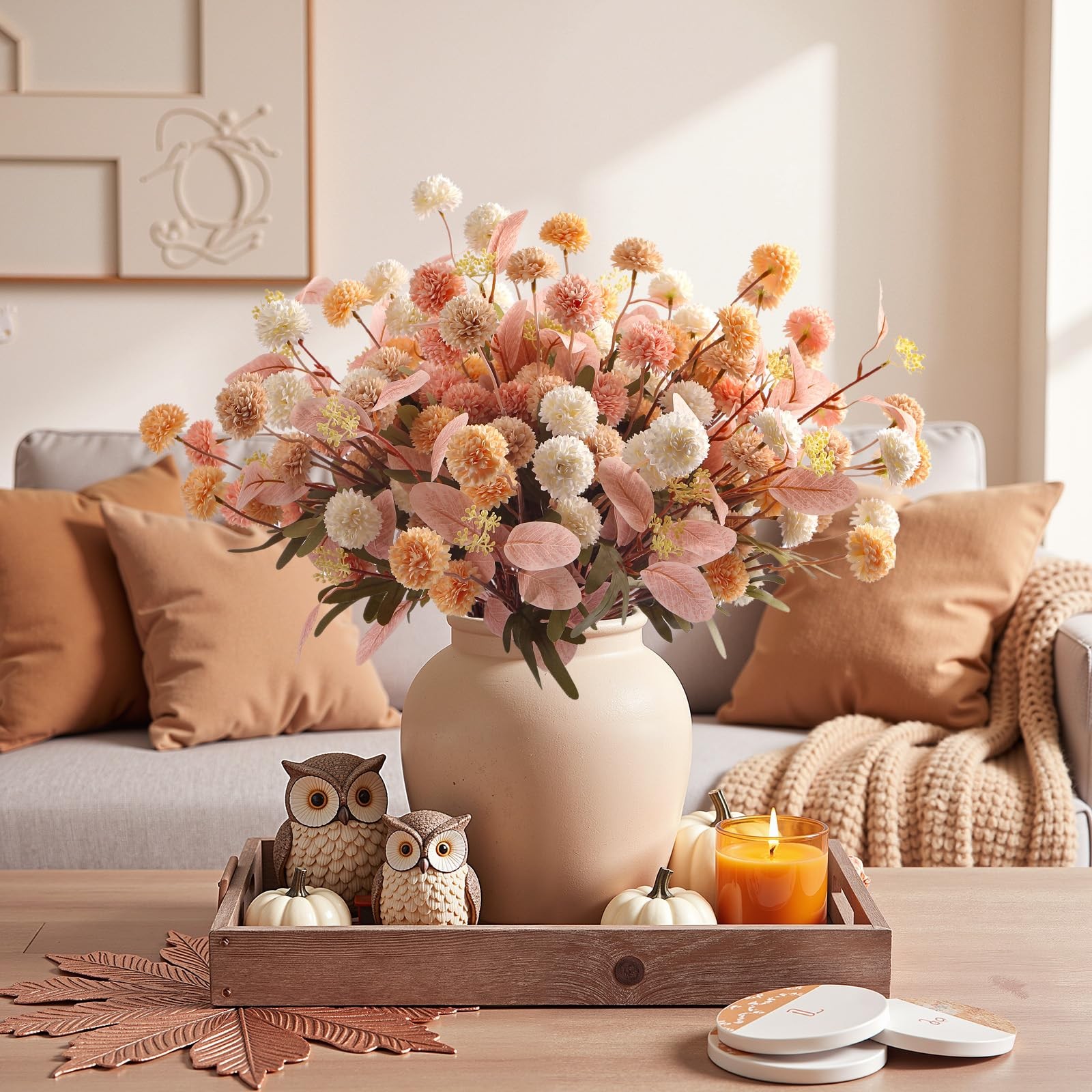 16 Pcs Faux Silk Mums with Eucalyptus, Fake Chrysanthemum for Vase