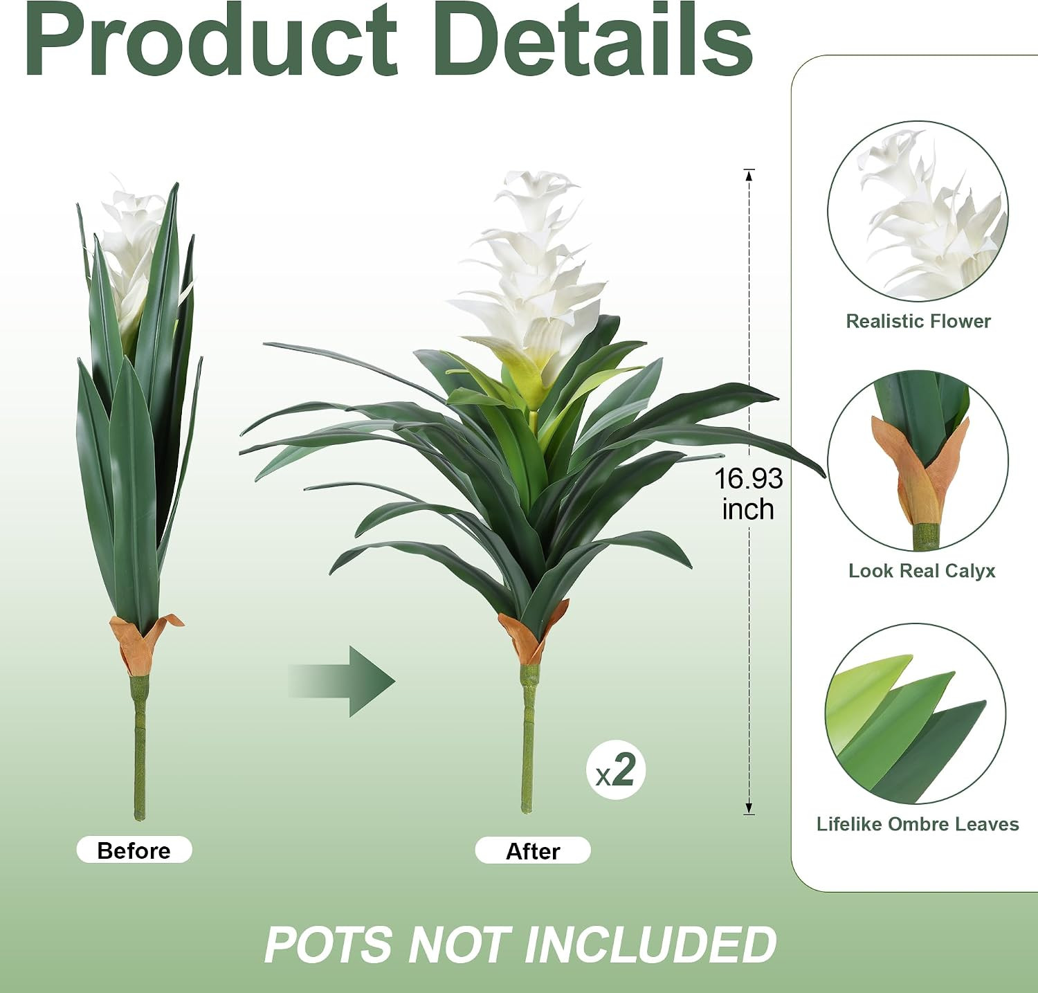 UV Resistant Bromeliad Artificial Flowers, 2 Pcs for Outdoor & Indoor Decor