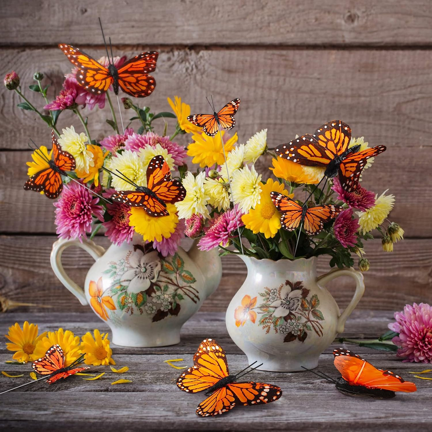 24 Pcs Monarch Butterfly Decorations 4 Size Artificial Monarch Feather Fake Butt