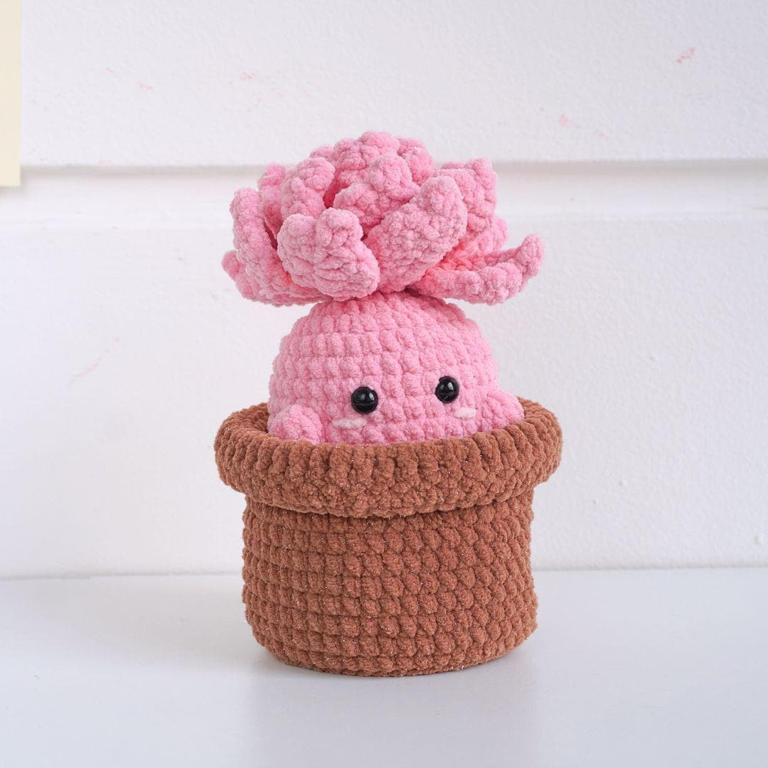 Handmade Crochet Pink Echeveria Succulent Pot Cute Crochet Desk Decor