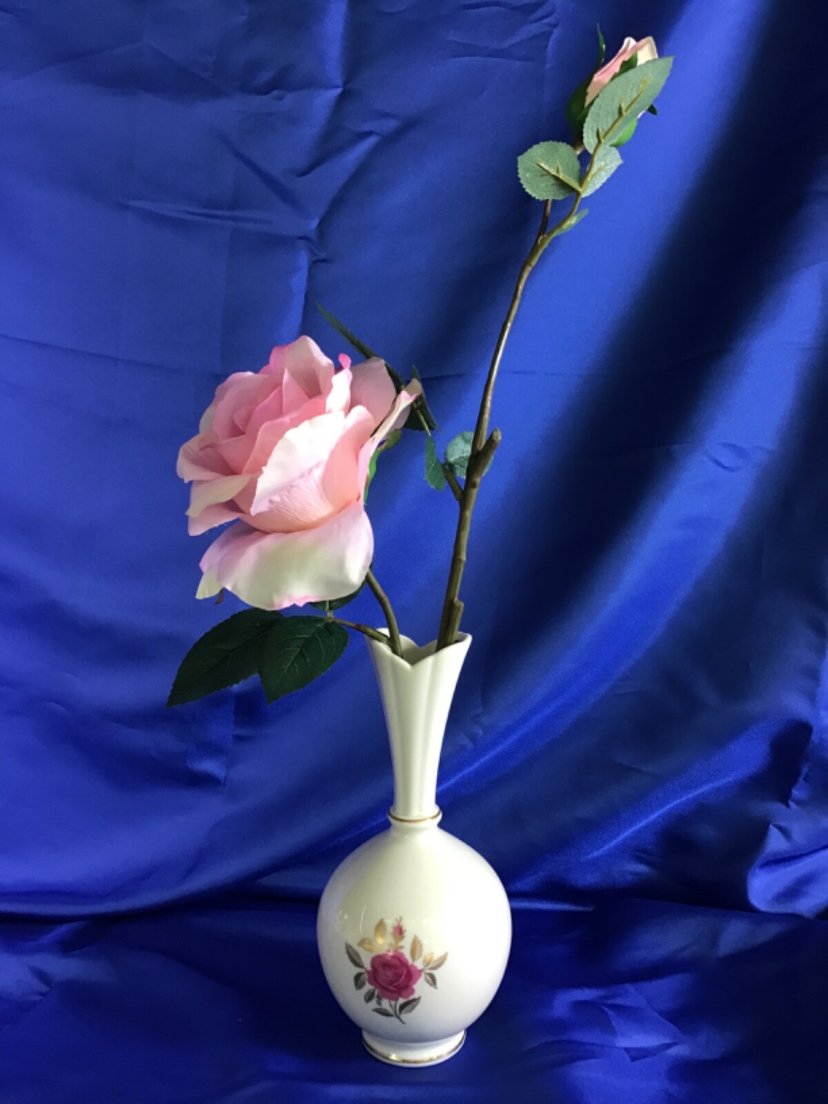 Lenox Vase with Pink Rose & Bud Artificial Flower Arrangement