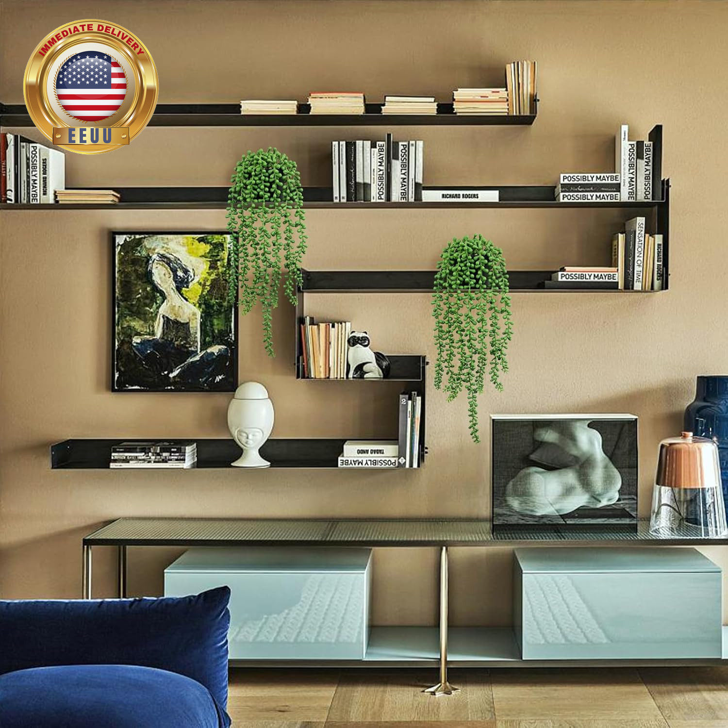 Fake Plants Indoor Artificial String of Pearls Plant in Black Pots, Realistic Gr
