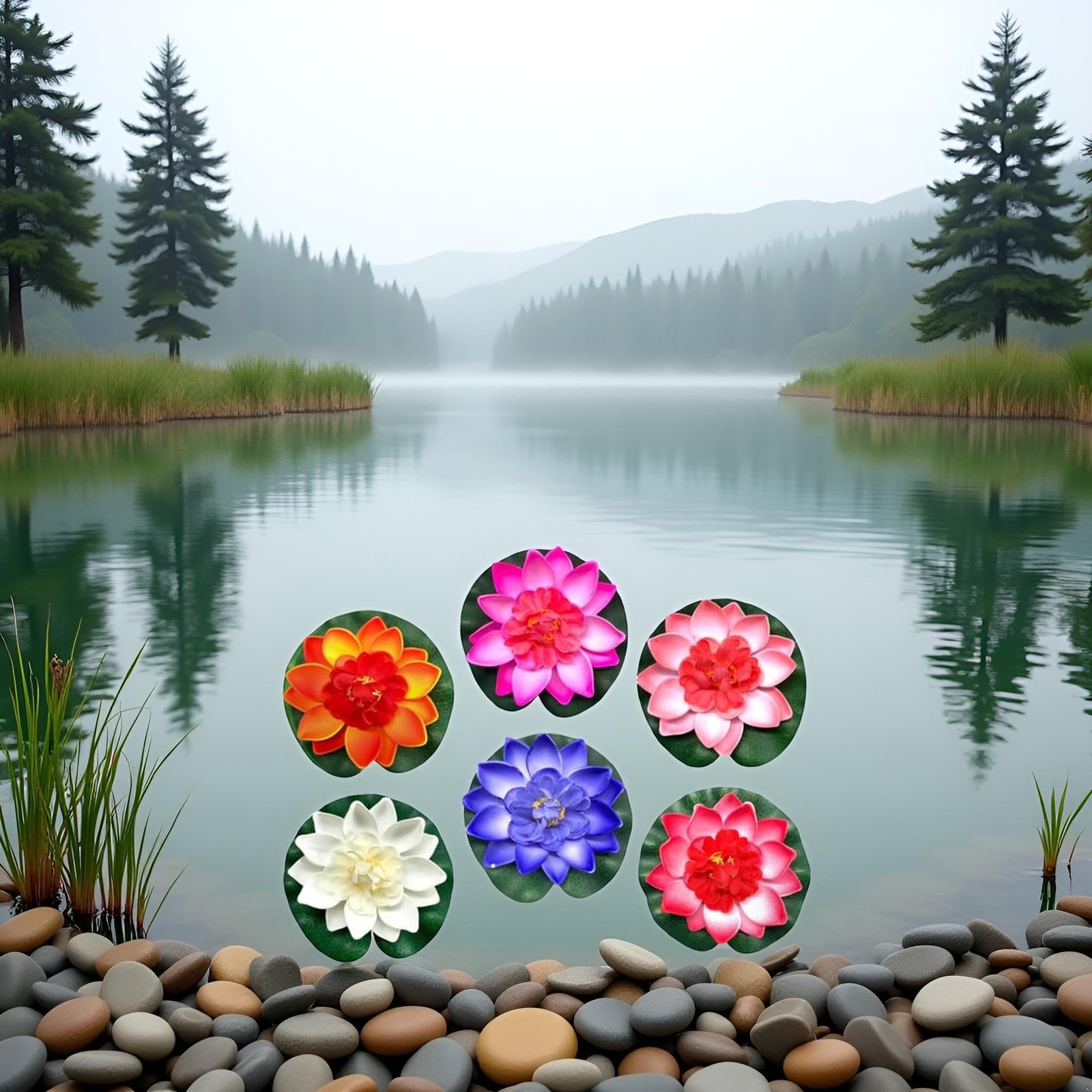 6 Pcs Large Floating Lotus Flowers Faux with Artificial Lily Pads, Artificial.