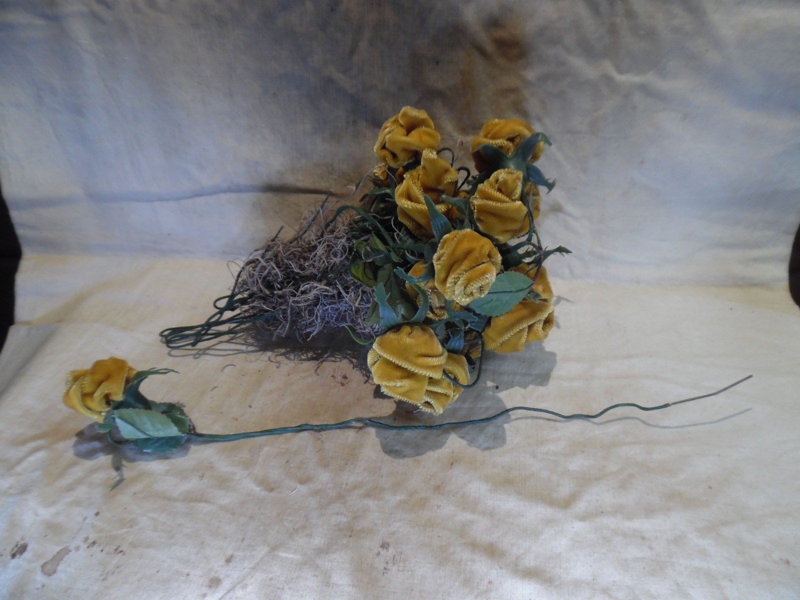 Vintage 70s Yellow Velvet Roses Faux Floral Stems Lot of 14 Retro Decor 13”