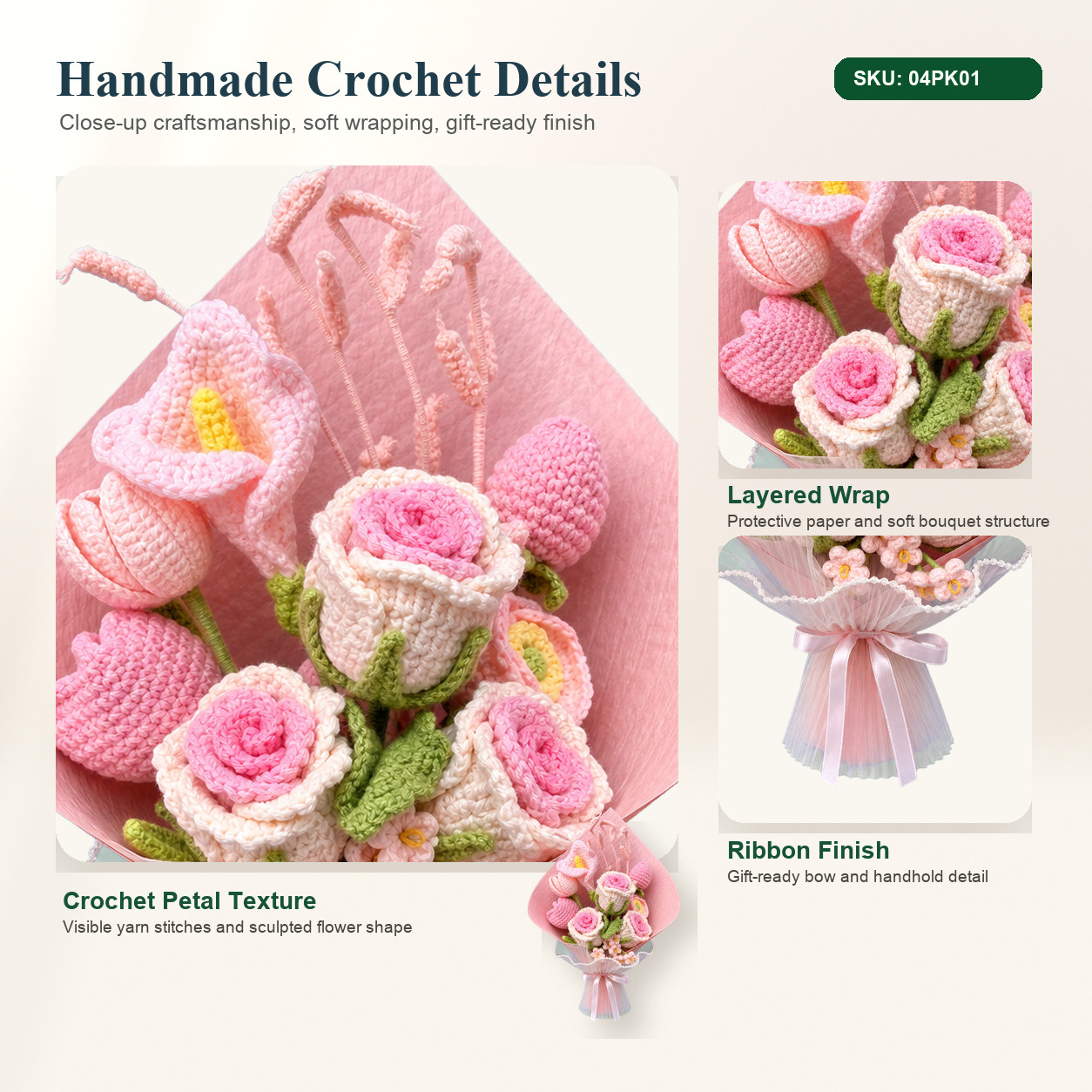 Soft Pink Crochet Rose Bouquet Wedding Anniversary Gift for Her