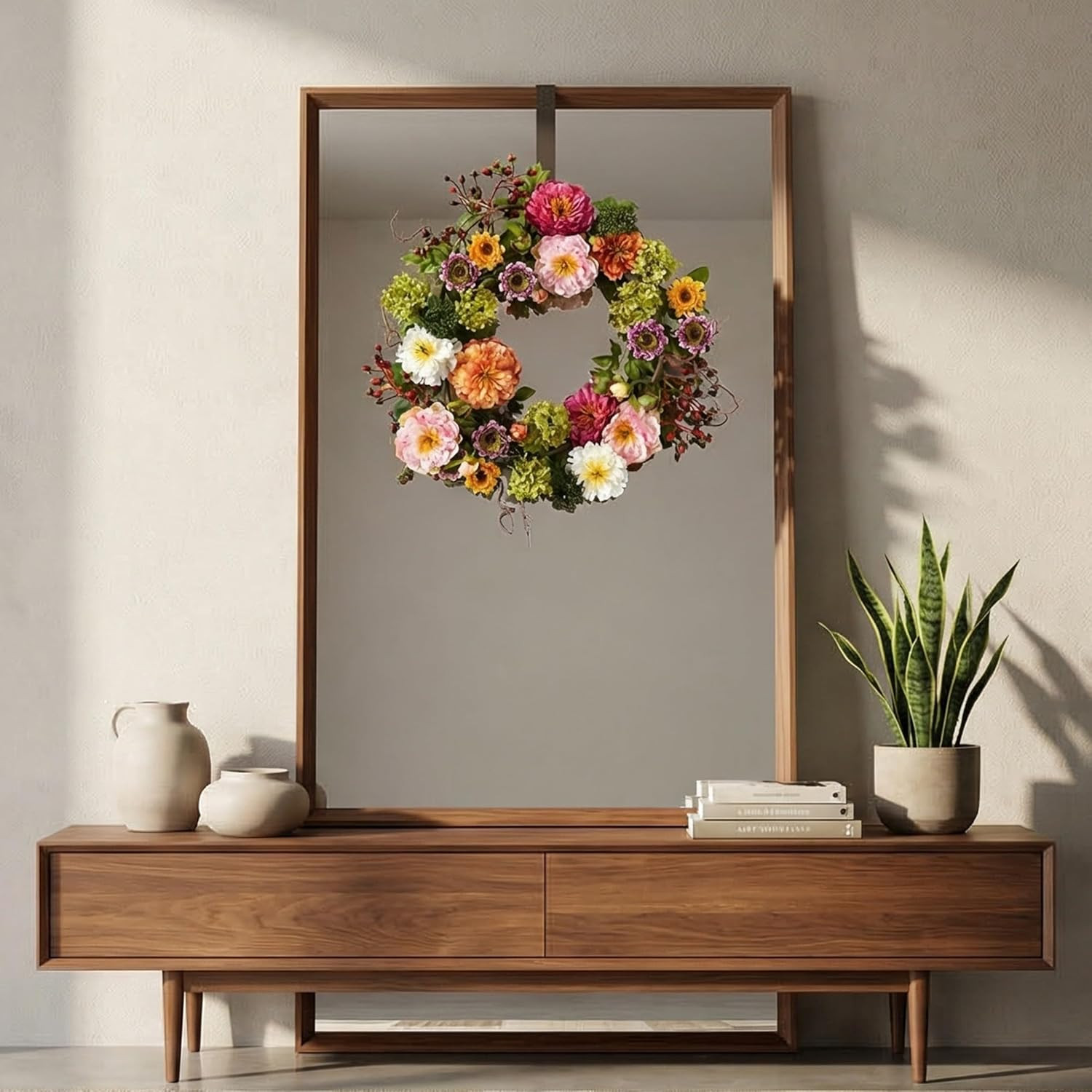 24In Artificial Peony Wreath Multicolor Faux Floral Spring Wreath for Front Door
