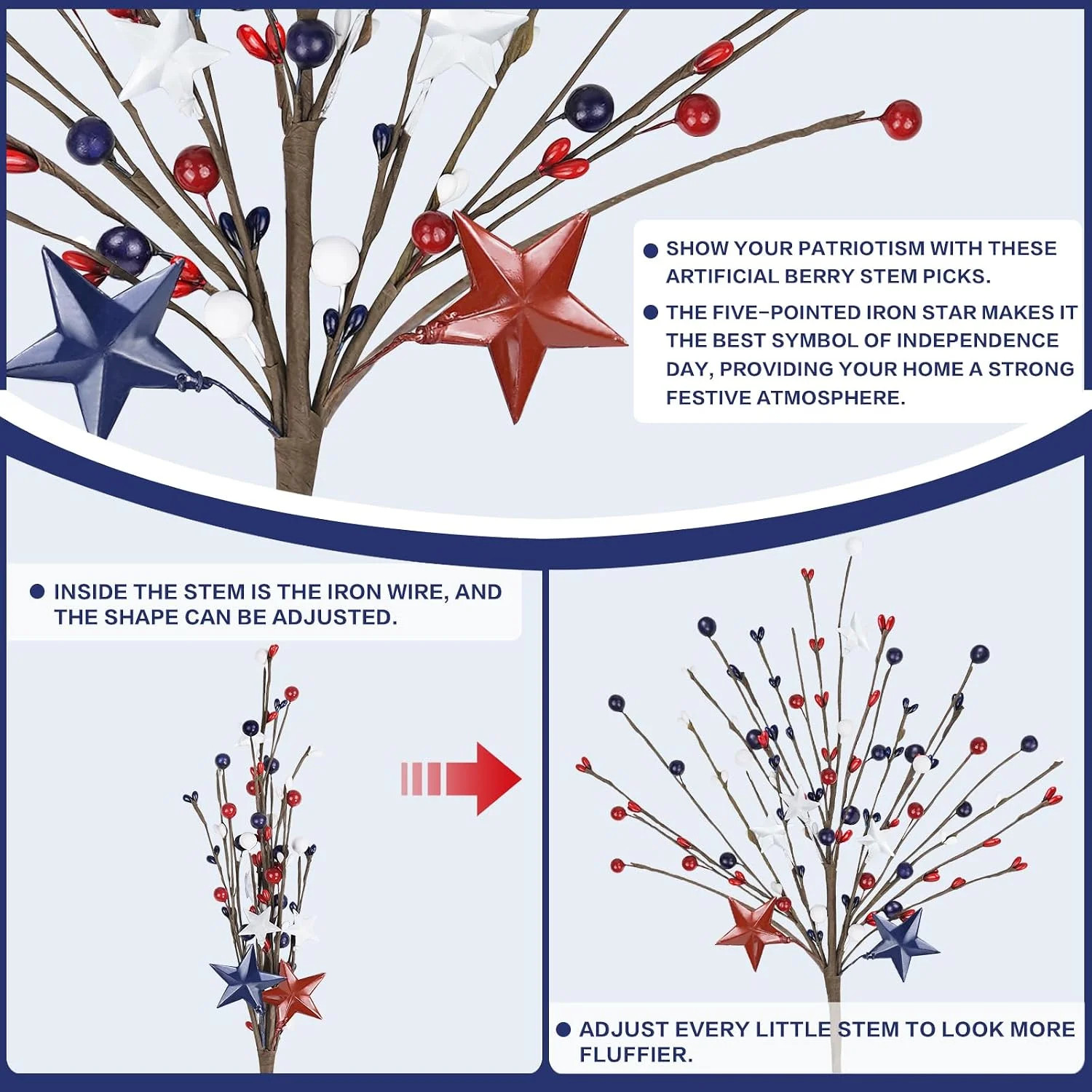 8 Pack Patriotic Artificial Berry Stem Picks,17.5″ Red White Blue Stars with Bow